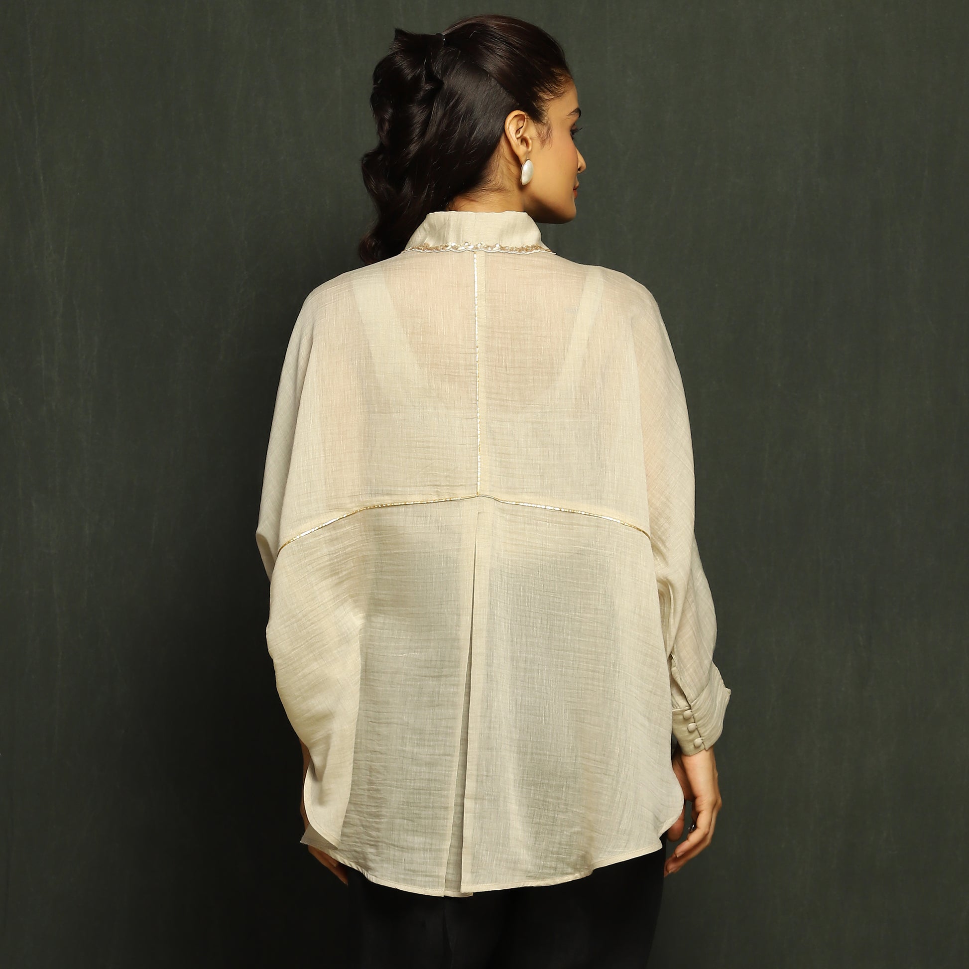 Ecru & Gold Floral Embroidered Mul Chanderi Top