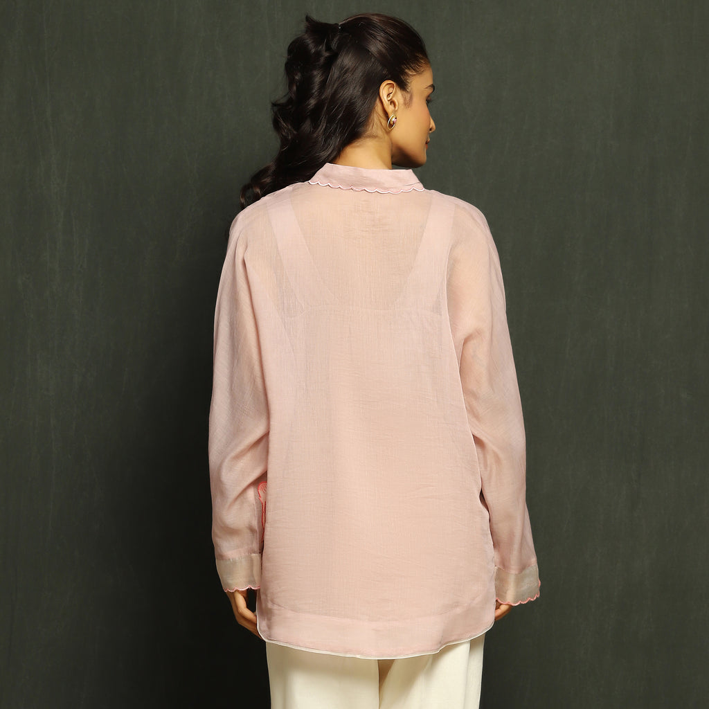 Pink Multi-Tonal Floral Embroidered Mul Chanderi Top