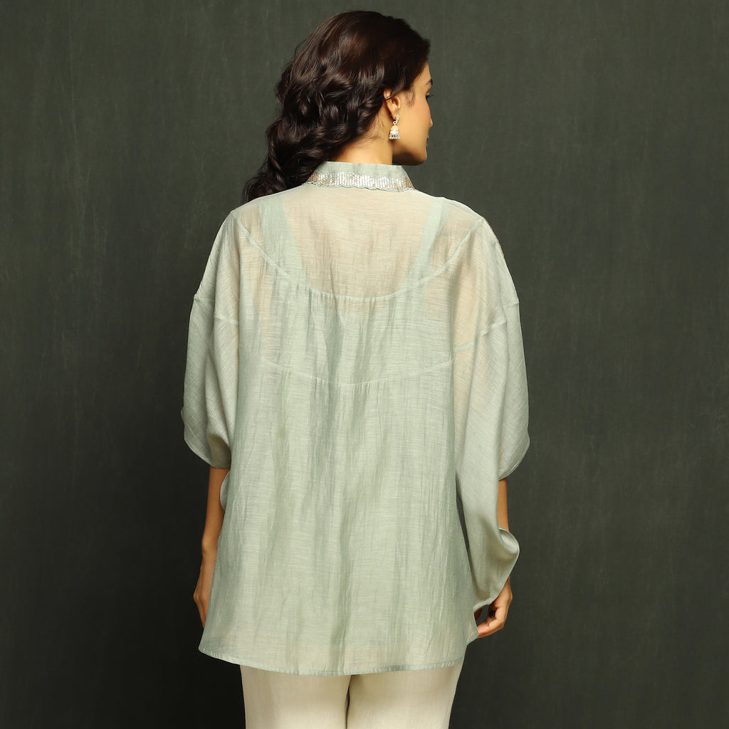 Noor Embroidered Yoke Overshirt in Mul Chanderi