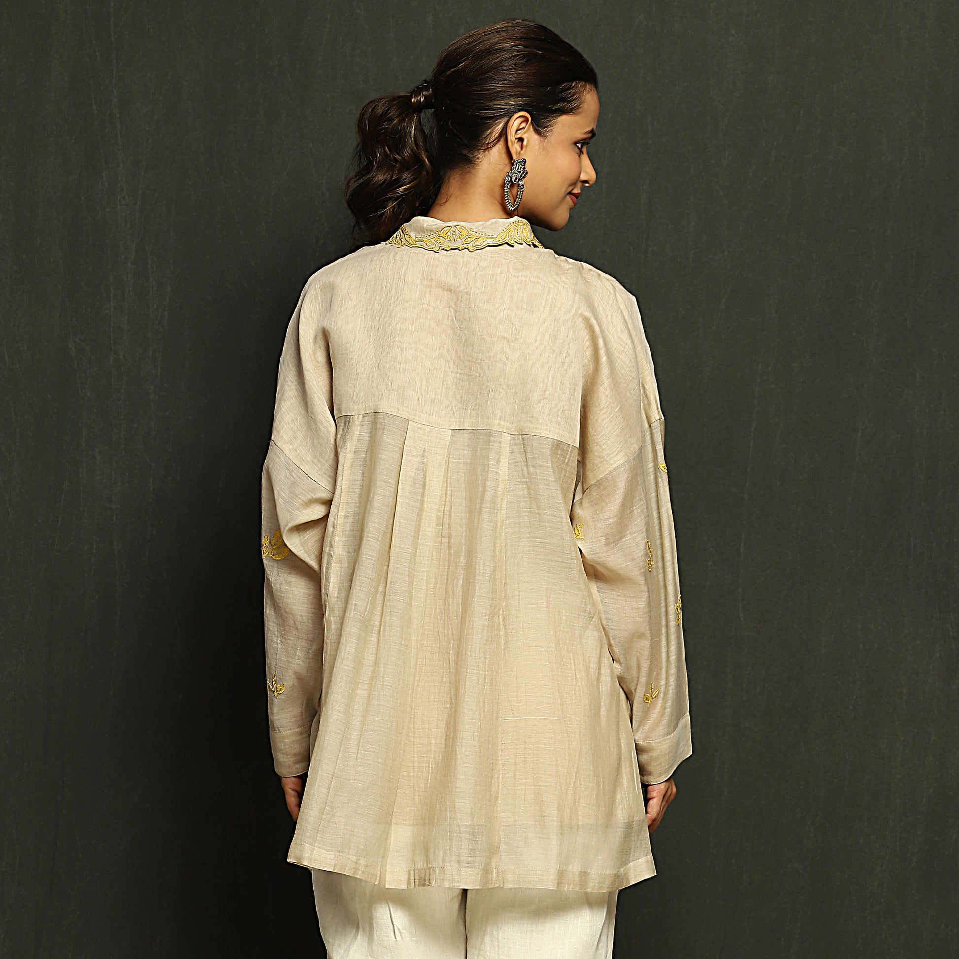 Ecru & Yellow Floral Embroidered Mul Chanderi Top