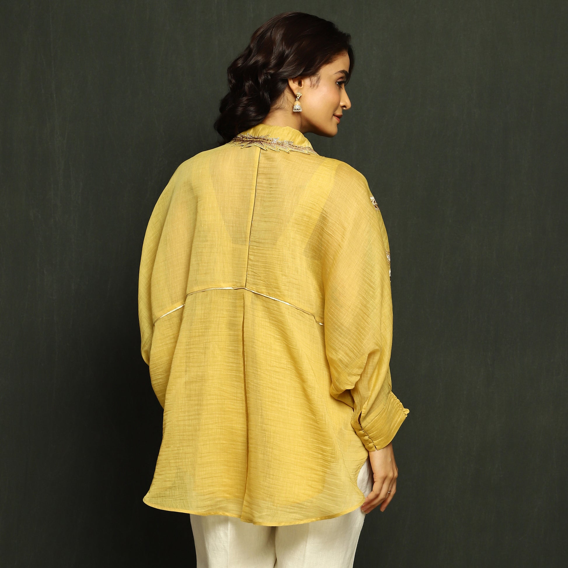 Marigold Embroidered Button-Down Mul Chanderi Top