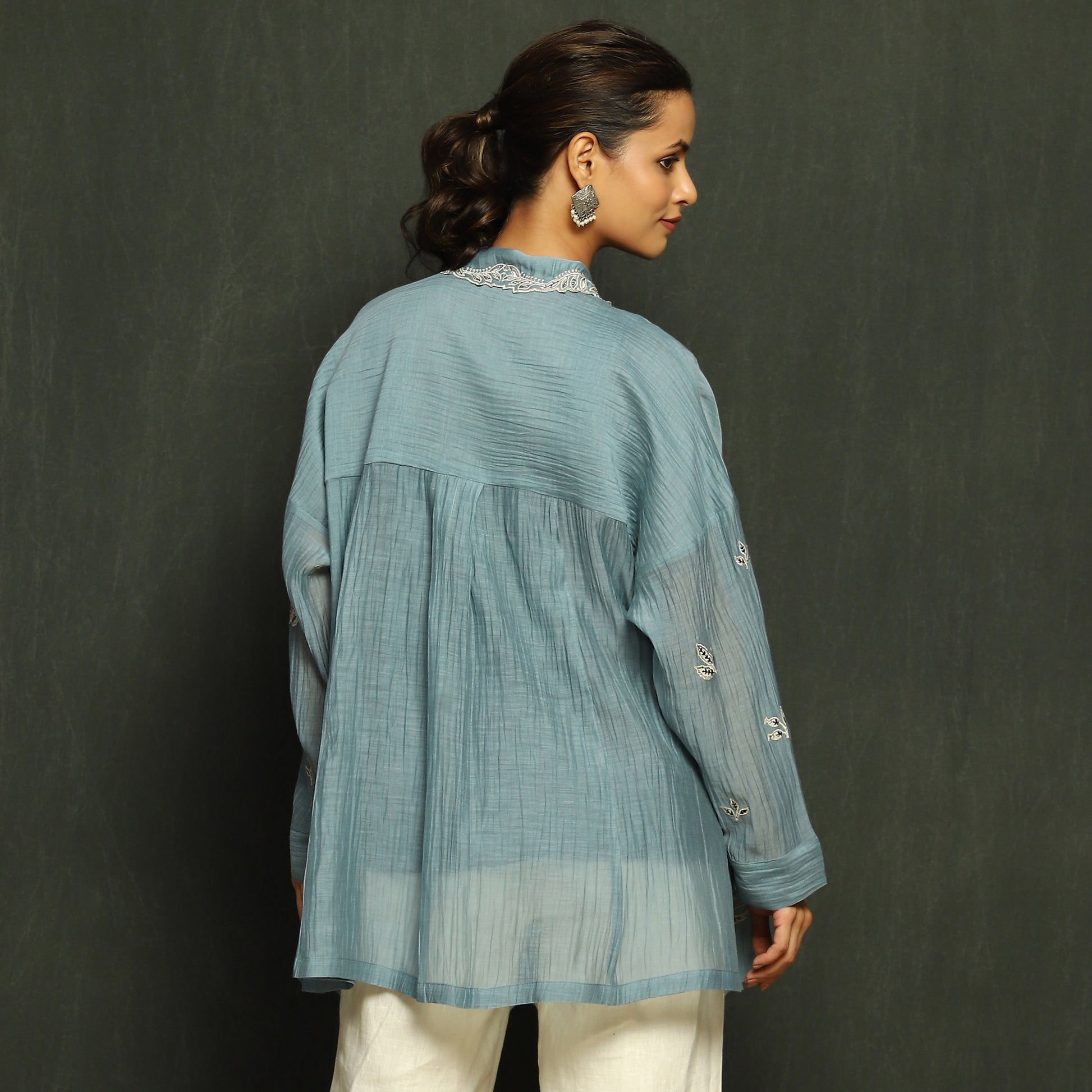 Steel Blue Embroidered Mul Chanderi Top