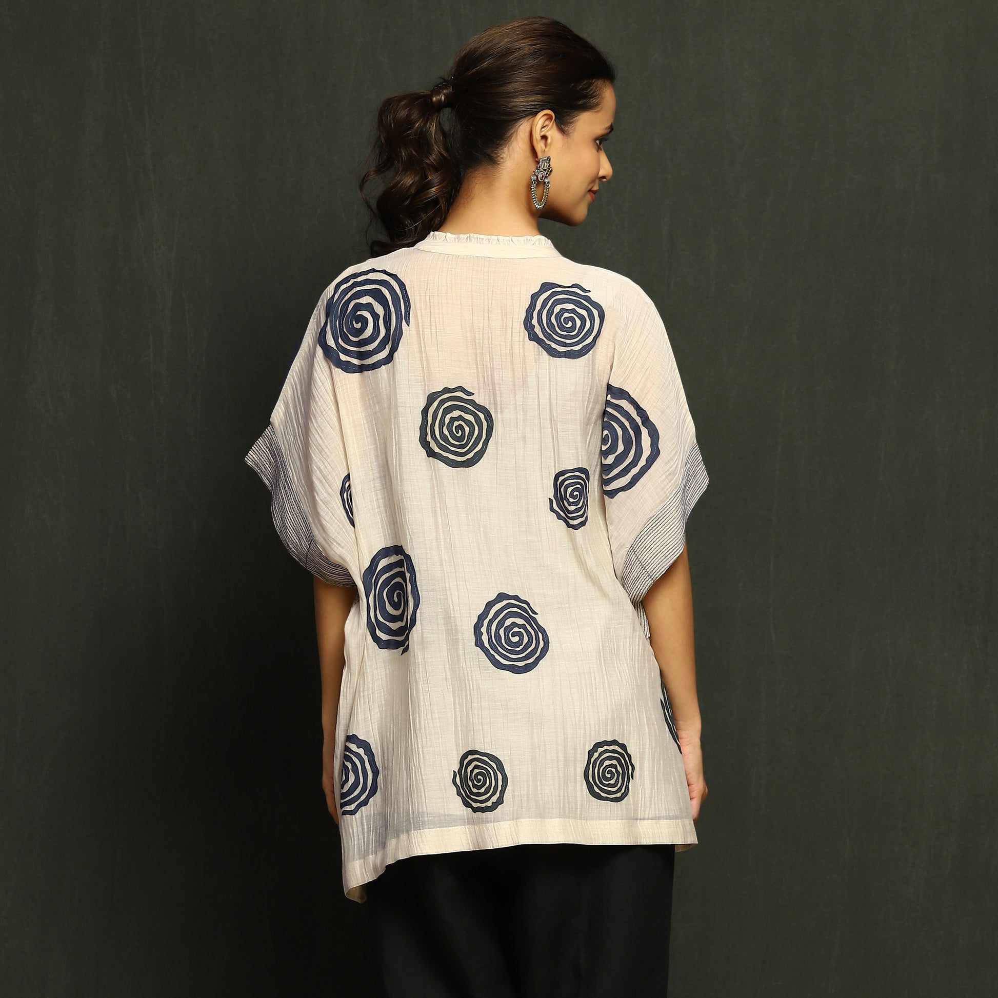 Ecru & Navy Swirl Print Mul Chanderi Top