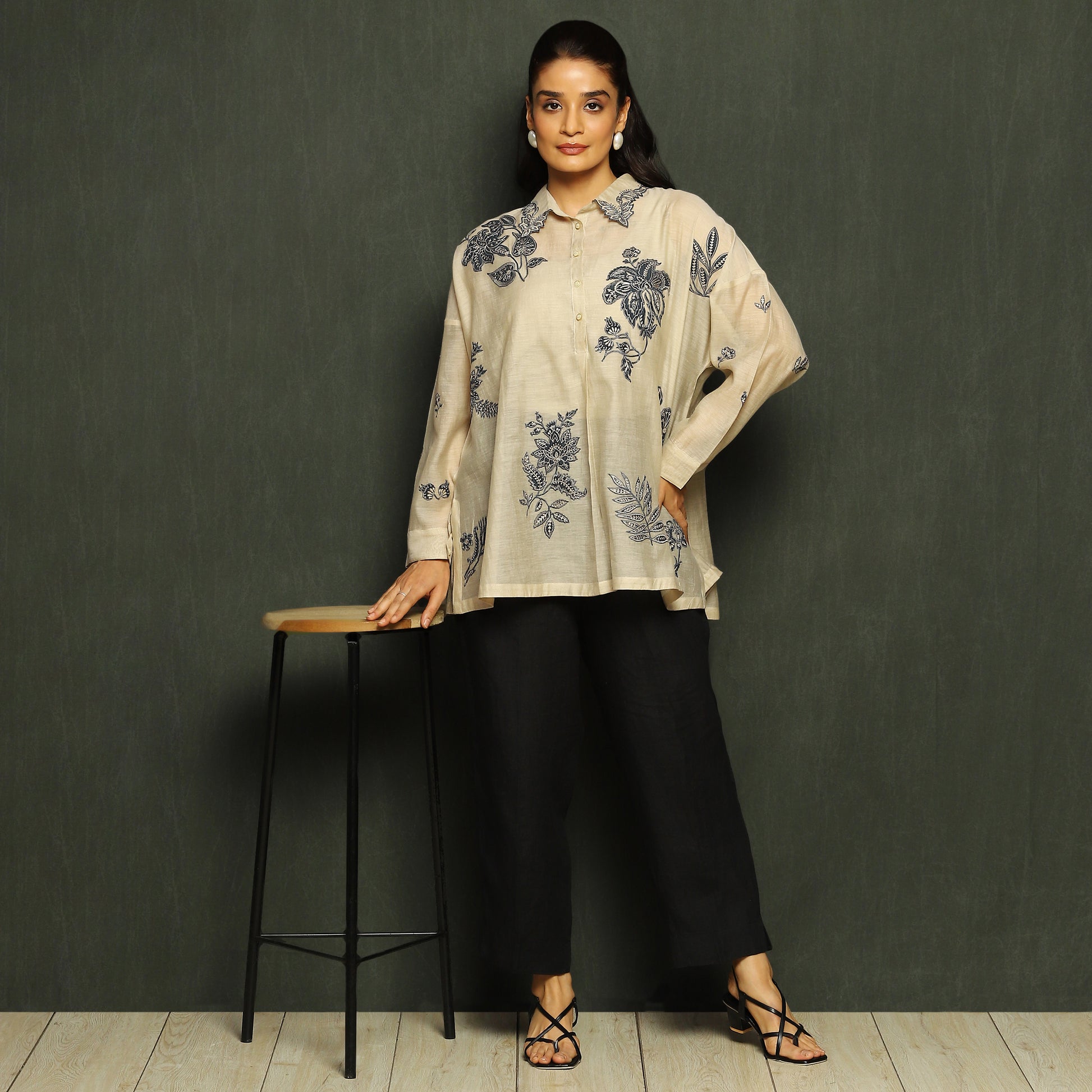 Ivory & Navy Floral Embroidered Tunic