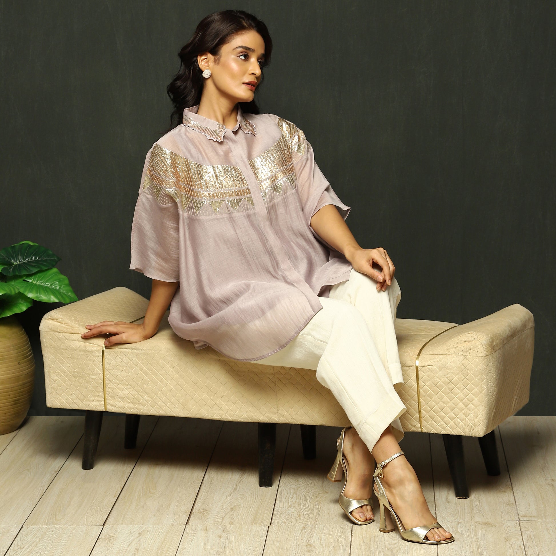 Mauve Embroidered Mul Chanderi Top