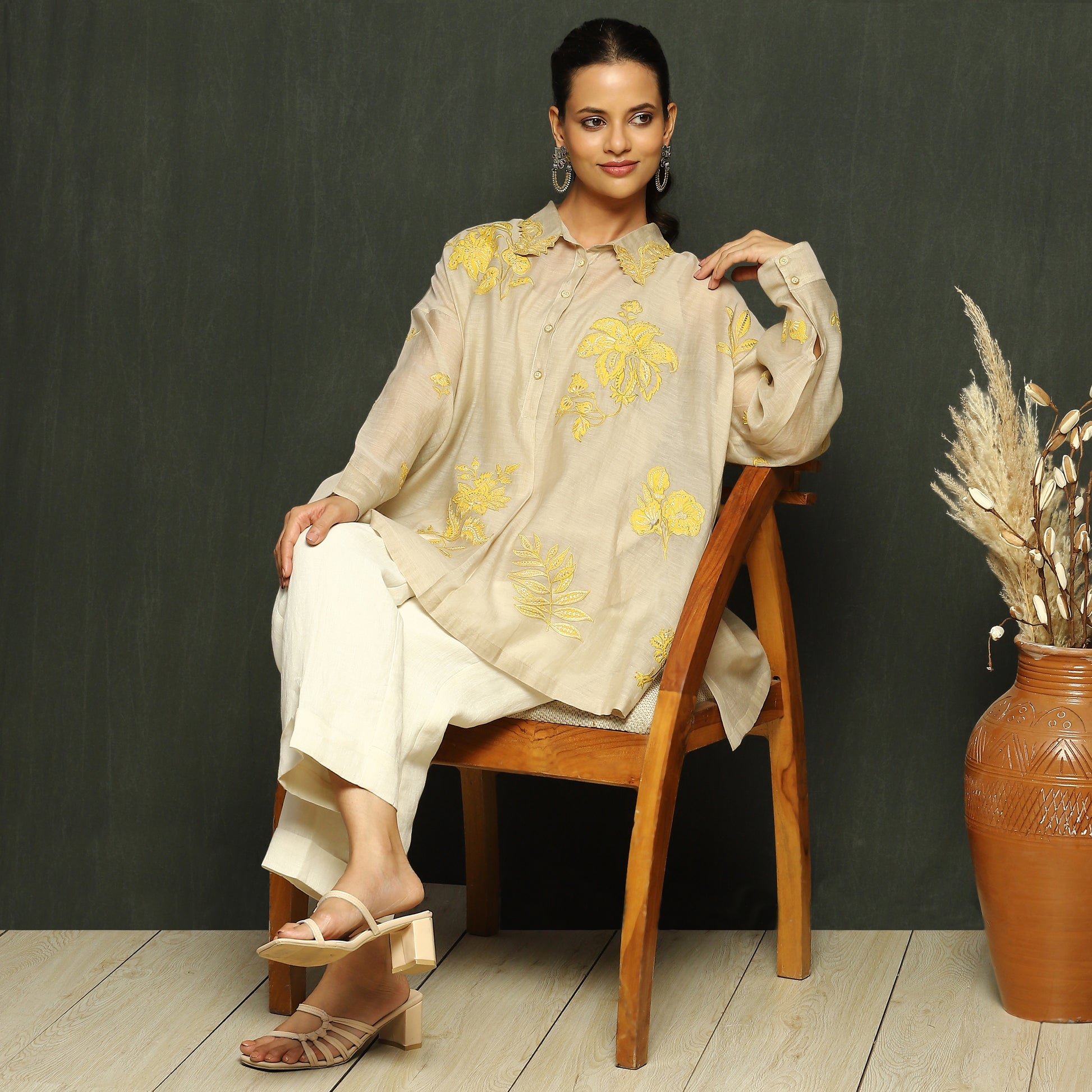 Ecru & Yellow Floral Embroidered Mul Chanderi Top