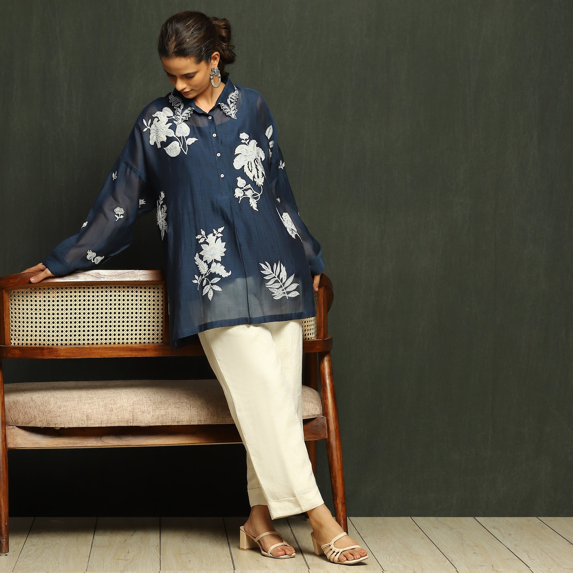 Midnight Blue Embroidered Mul Chanderi Blouse