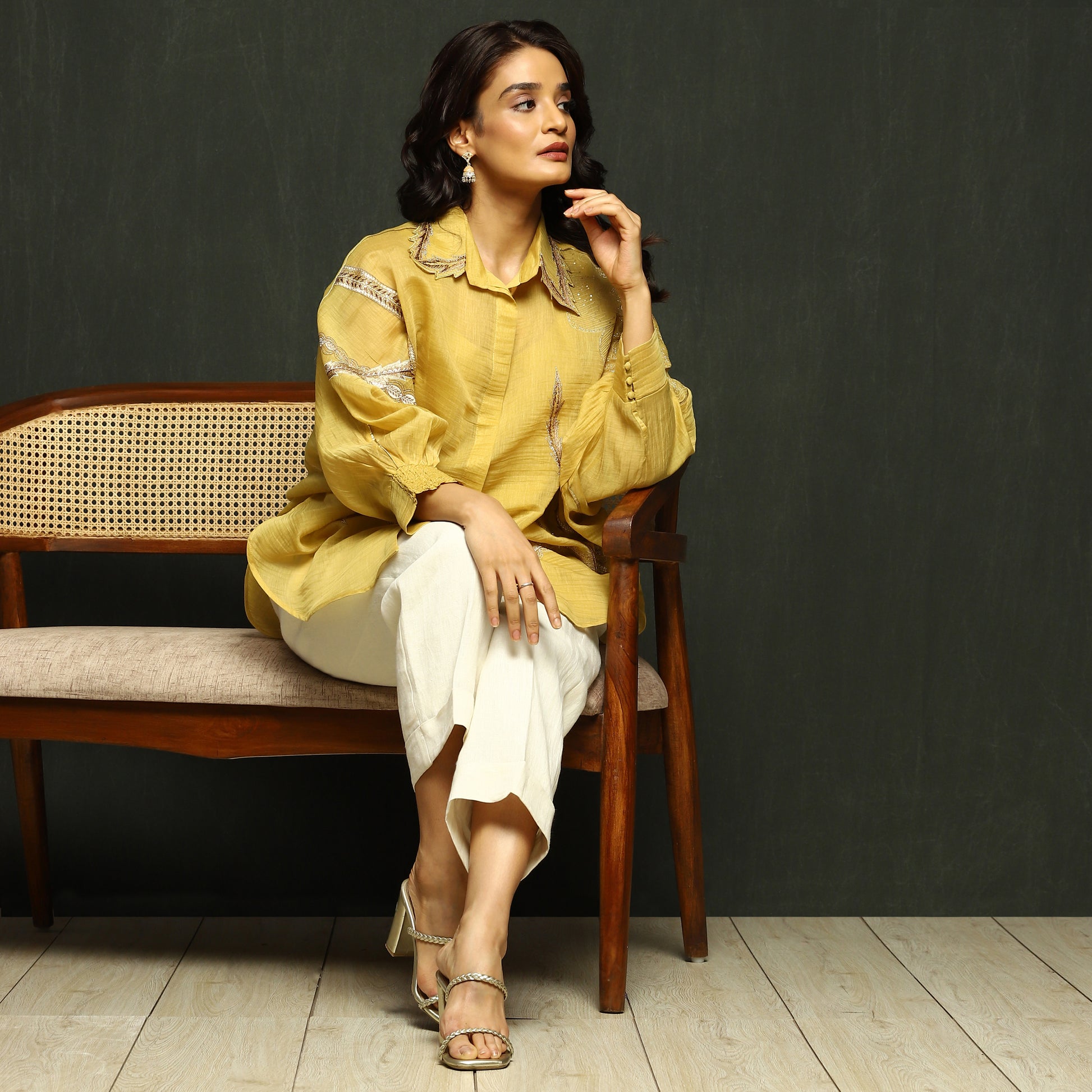 Marigold Embroidered Button-Down Mul Chanderi Top
