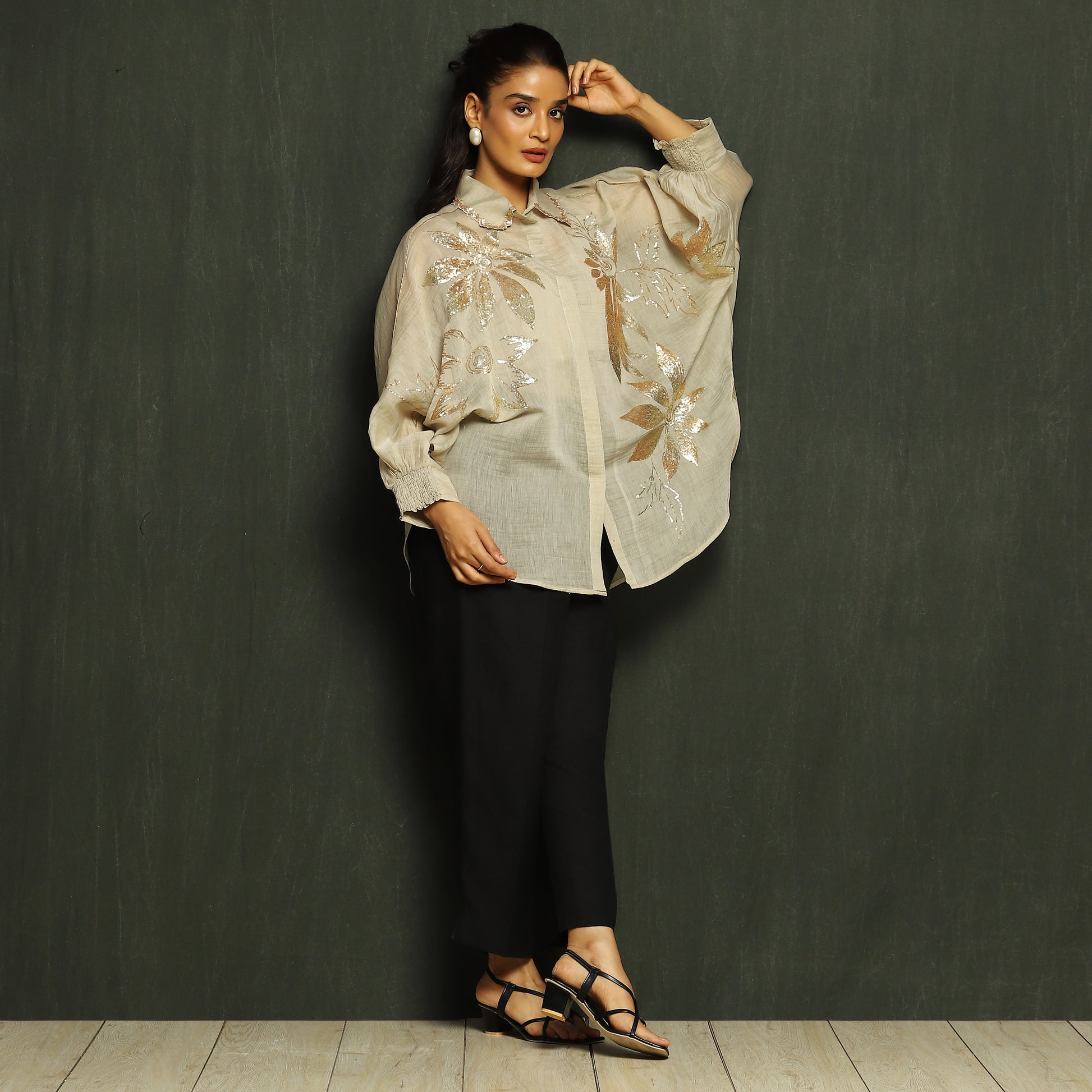 Ecru & Gold Floral Embroidered Mul Chanderi Top