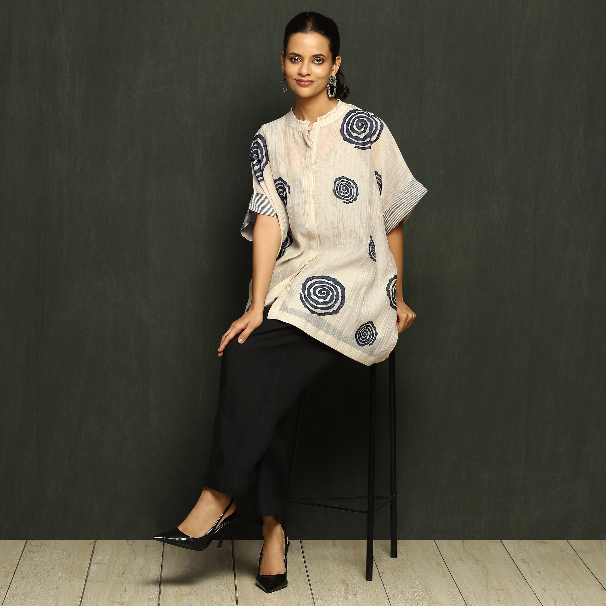 Ecru & Navy Swirl Print Mul Chanderi Top