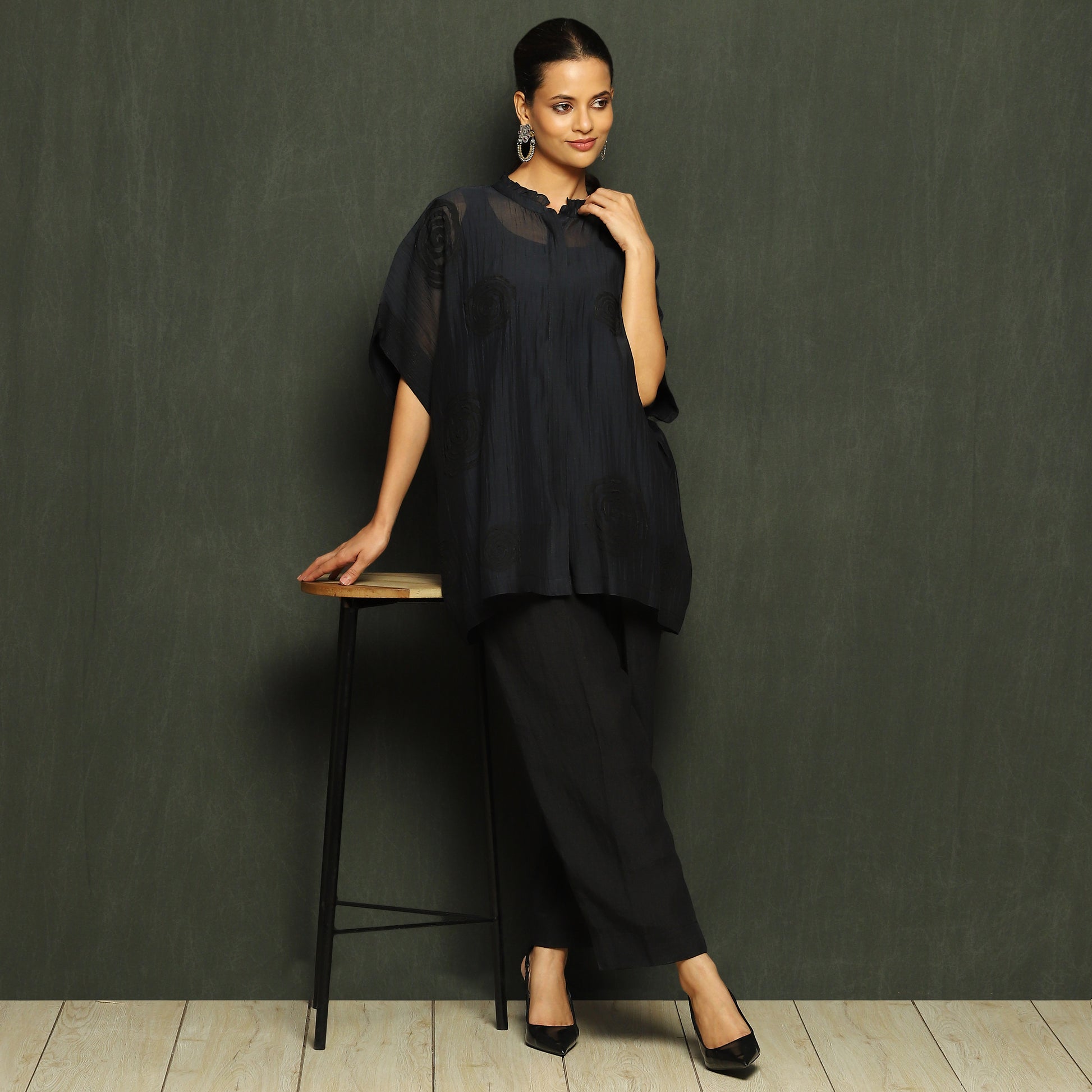 Black Floral Tonal Embroidered Mul Chanderi Top