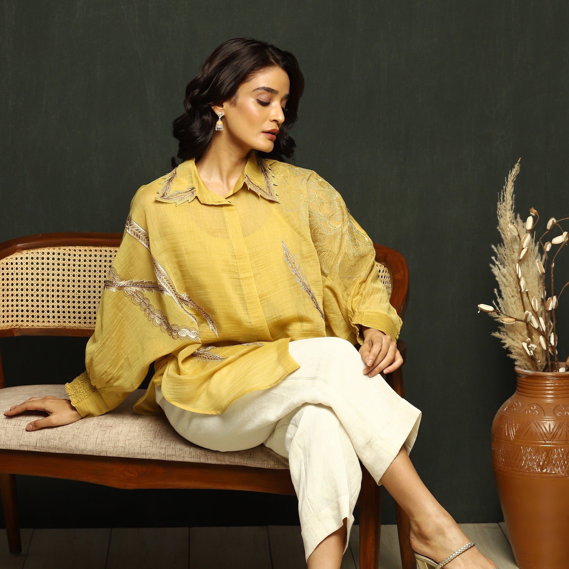 Marigold Embroidered Button-Down Mul Chanderi Top