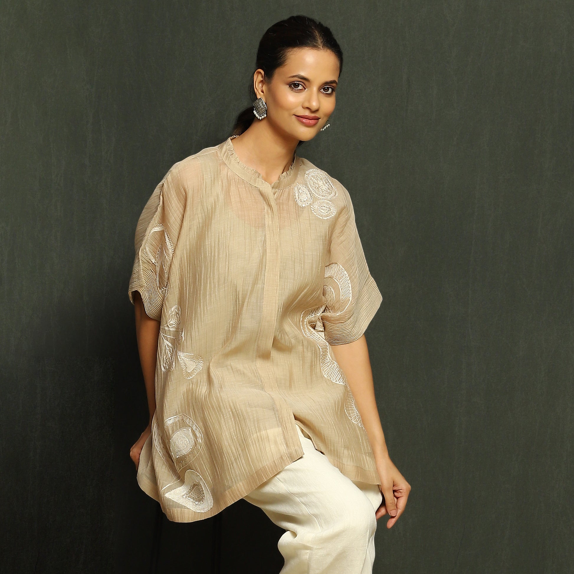 Ecru Embroidered Poncho Top