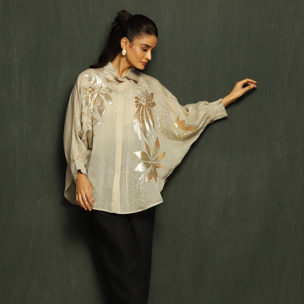 Ecru & Gold Floral Embroidered Mul Chanderi Top