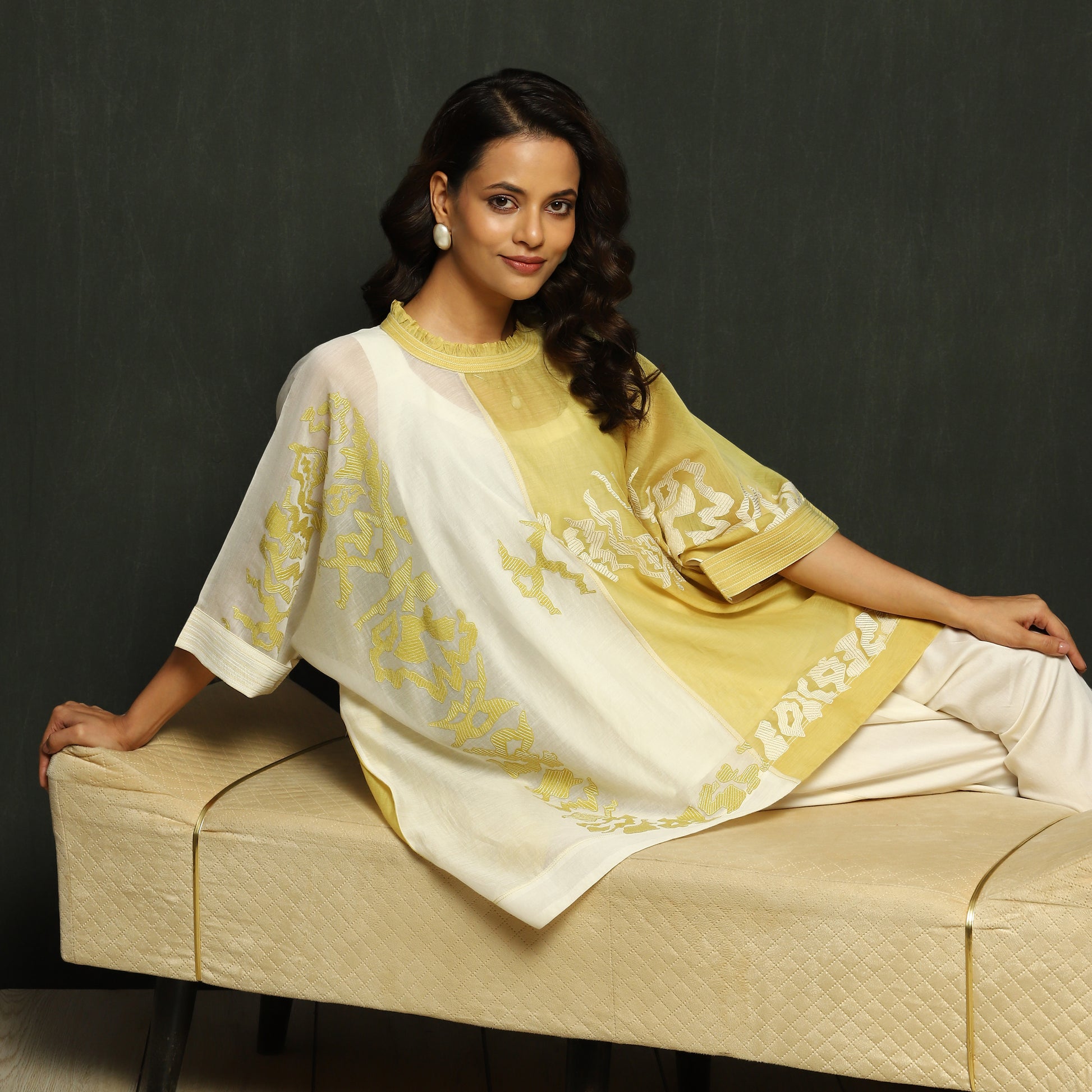 Dual-Tone Lemon & Ivory Embroidered Tunic