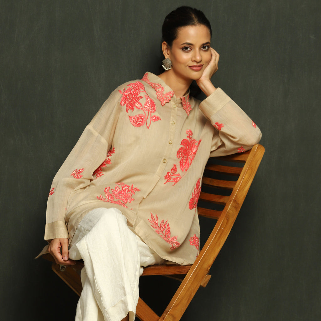 Ecru & Pink Floral Embroidered Mul Chanderi Top