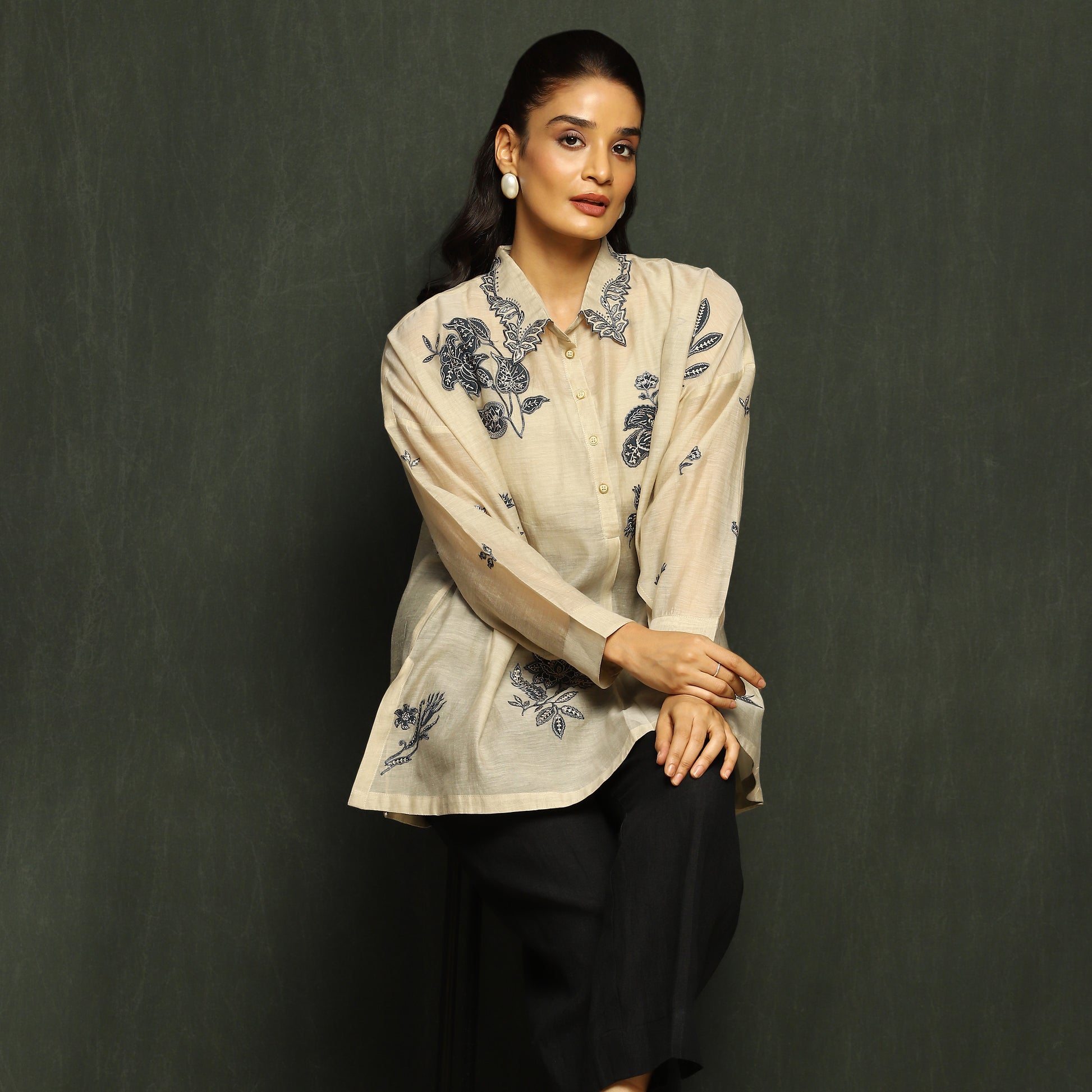 Ivory & Navy Floral Embroidered Tunic
