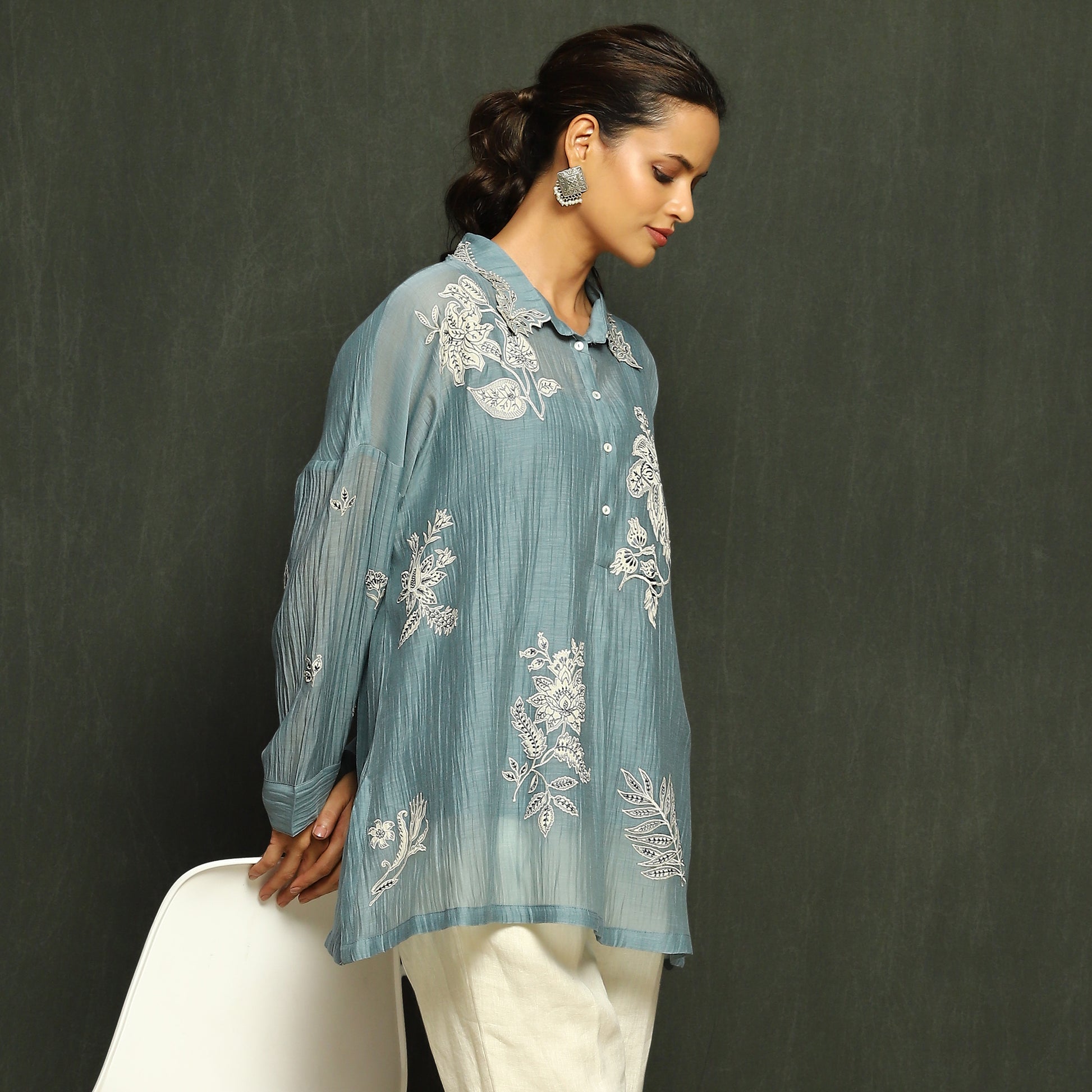 Steel Blue Embroidered Mul Chanderi Top