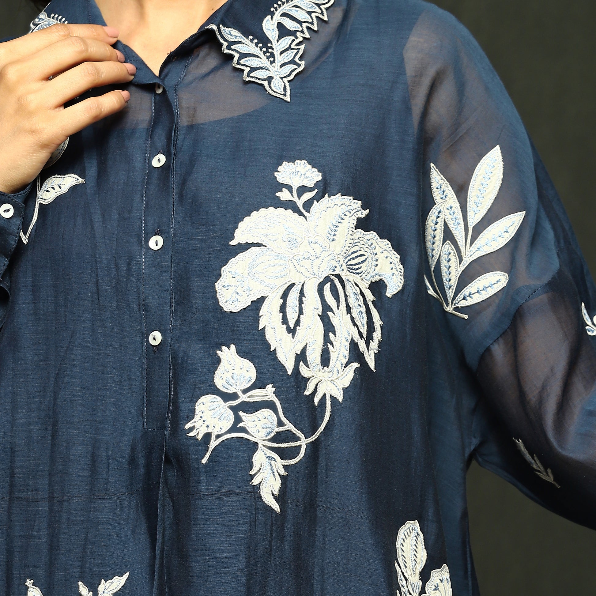 Midnight Blue Embroidered Mul Chanderi Blouse