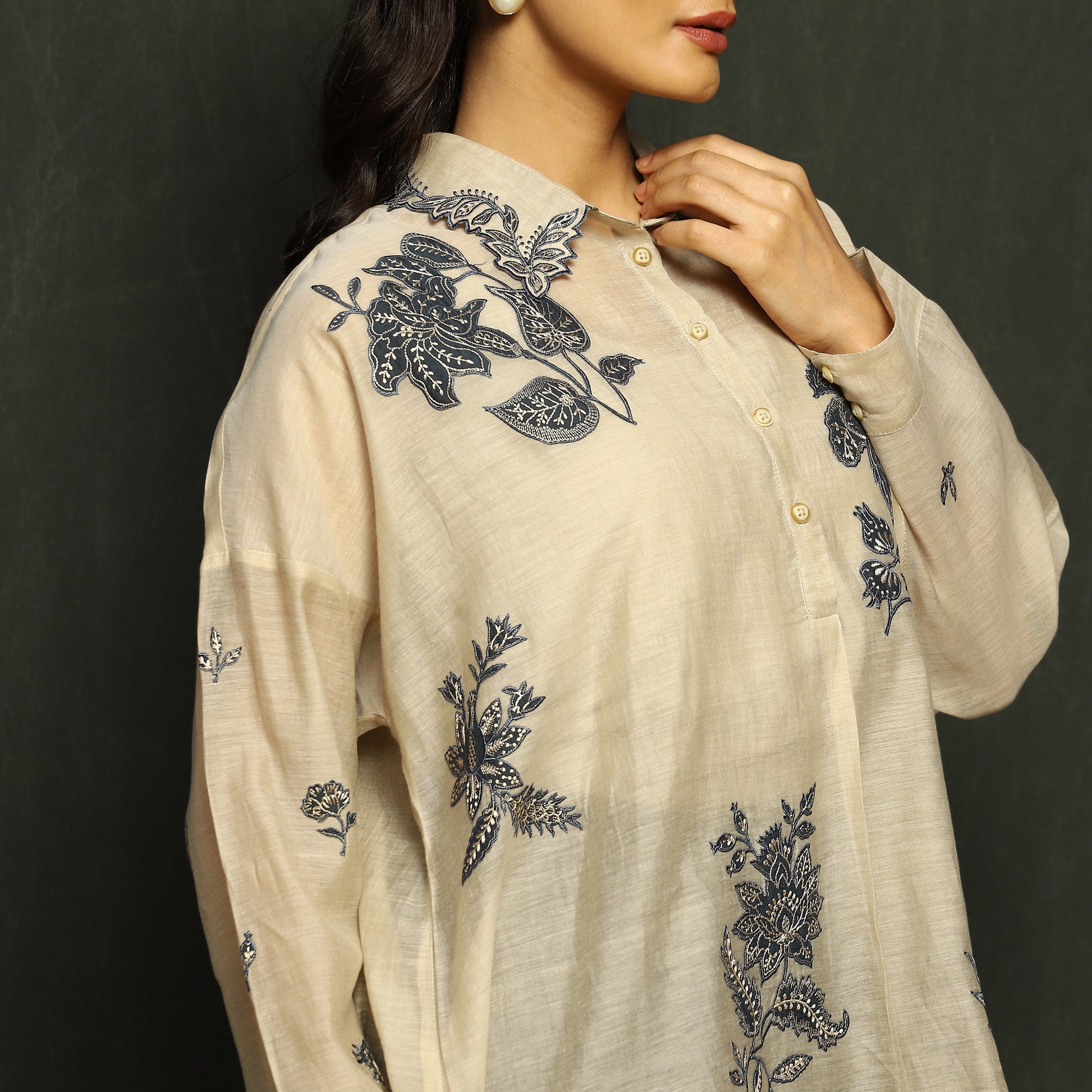 Ivory & Navy Floral Embroidered Tunic