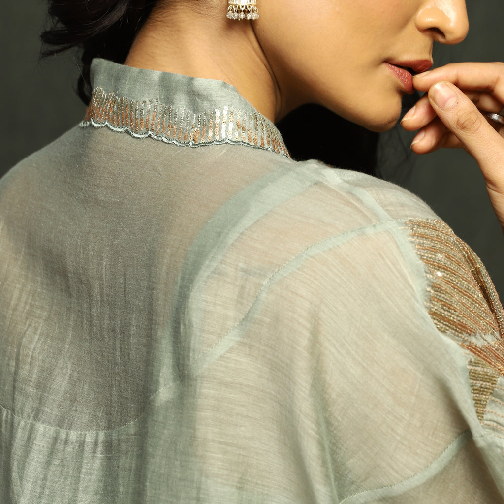 Noor Embroidered Yoke Overshirt in Mul Chanderi