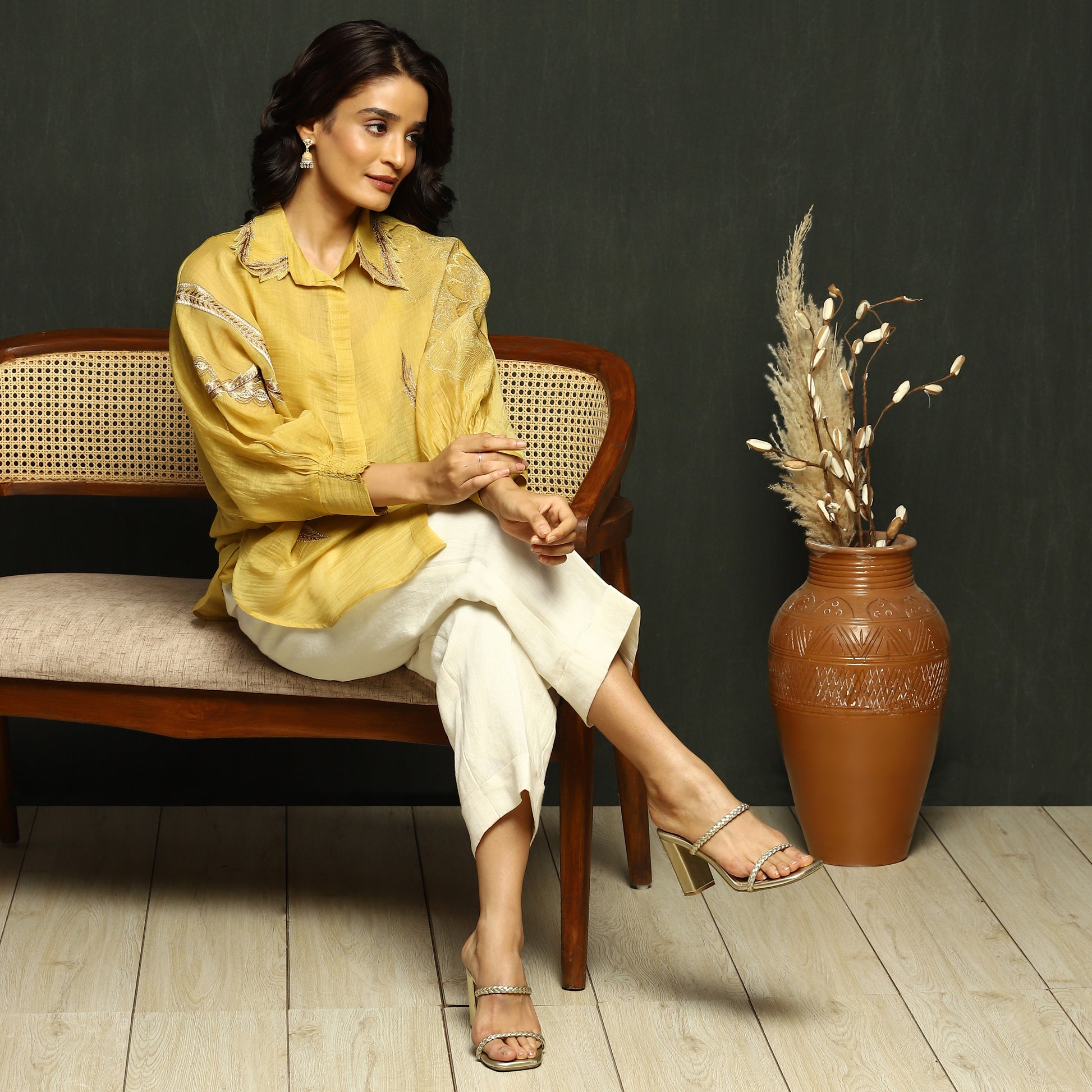 Marigold Embroidered Button-Down Mul Chanderi Top