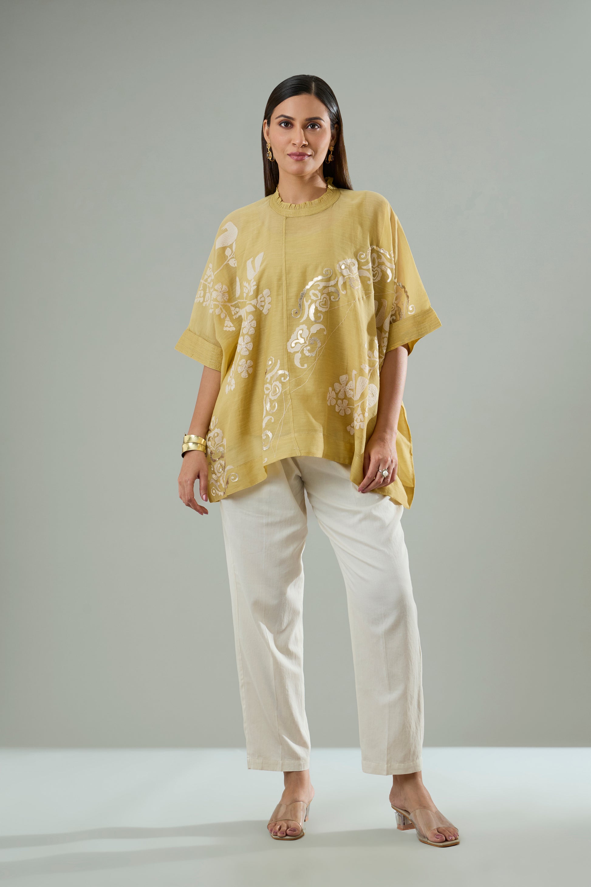Mustard Mul Chanderi Bird Appliqué Top