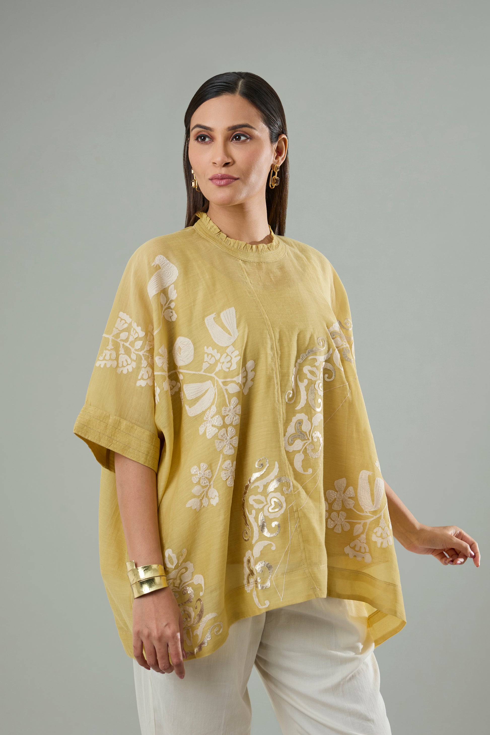 Mustard Mul Chanderi Bird Appliqué Top