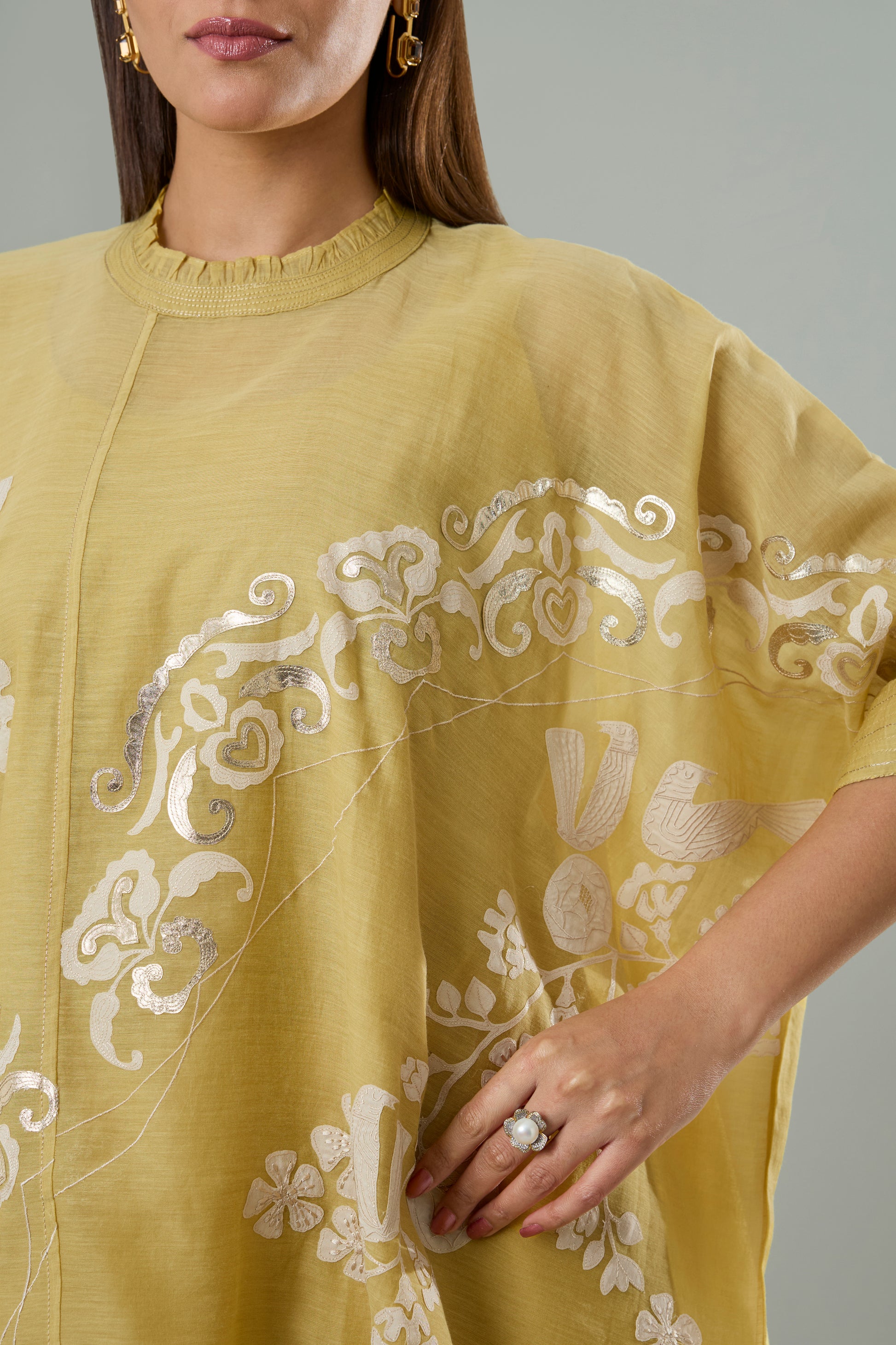 Mustard Mul Chanderi Bird Appliqué Top