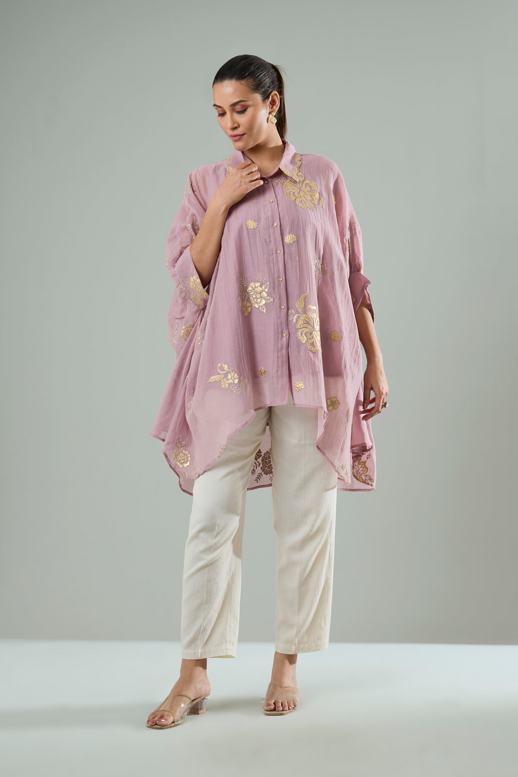Mauve Mul Chanderi Floral Gold Appliqué Top