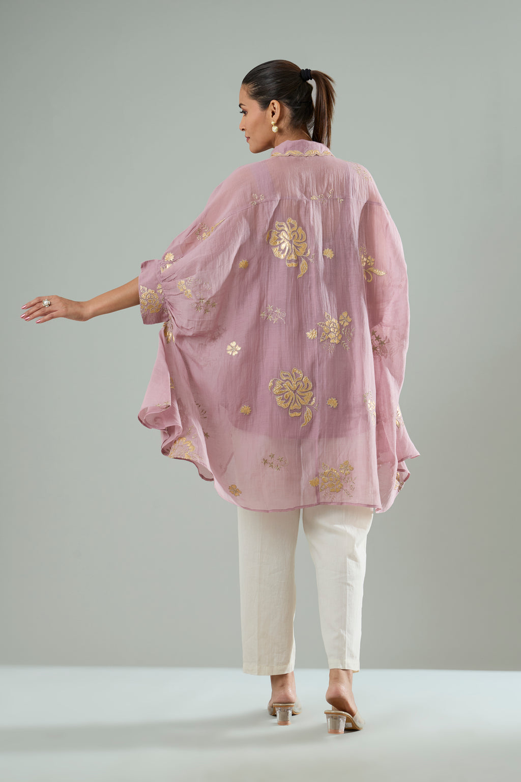 Mauve Mul Chanderi Floral Gold Appliqué Top
