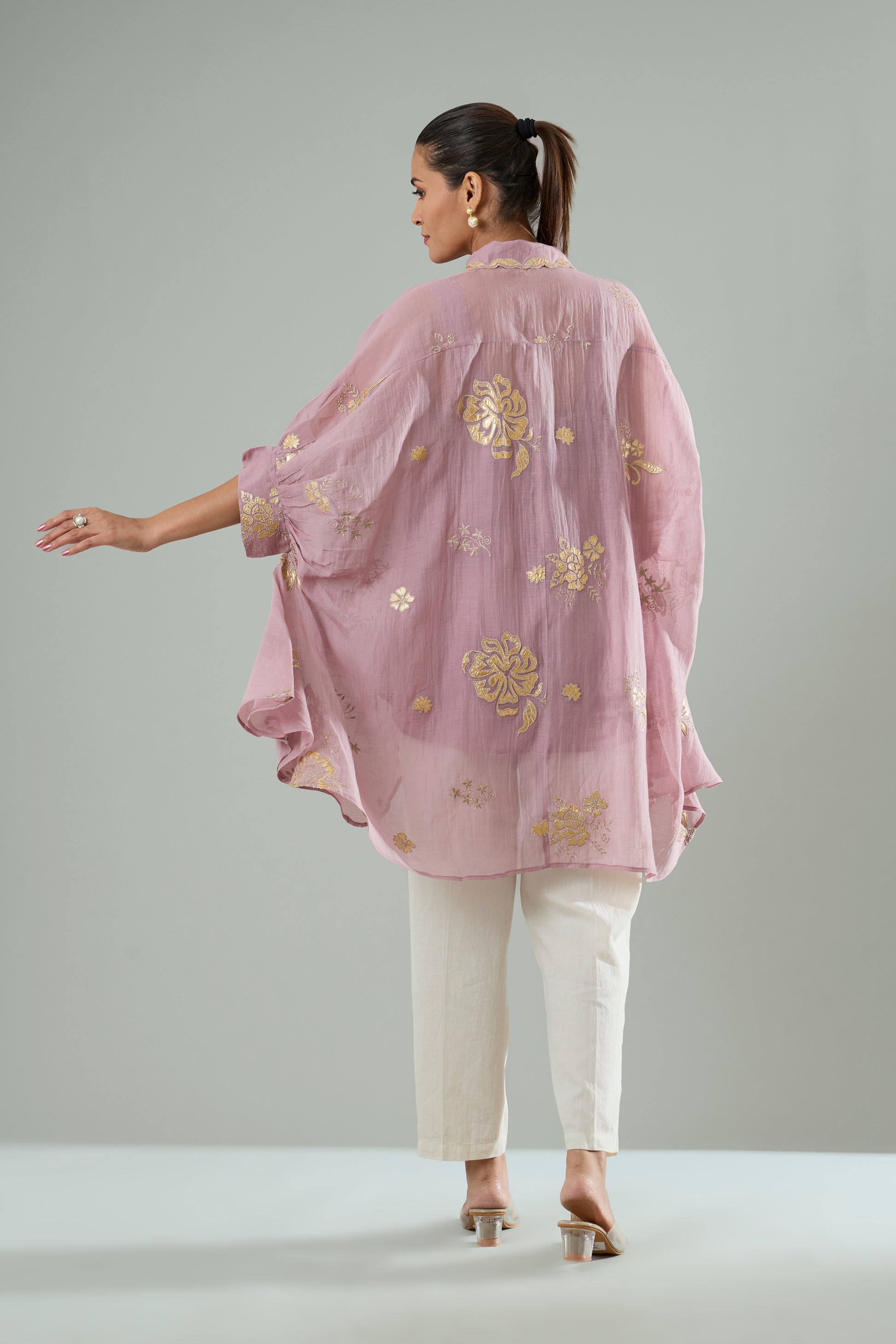 Mauve Mul Chanderi Floral Gold Appliqué Top