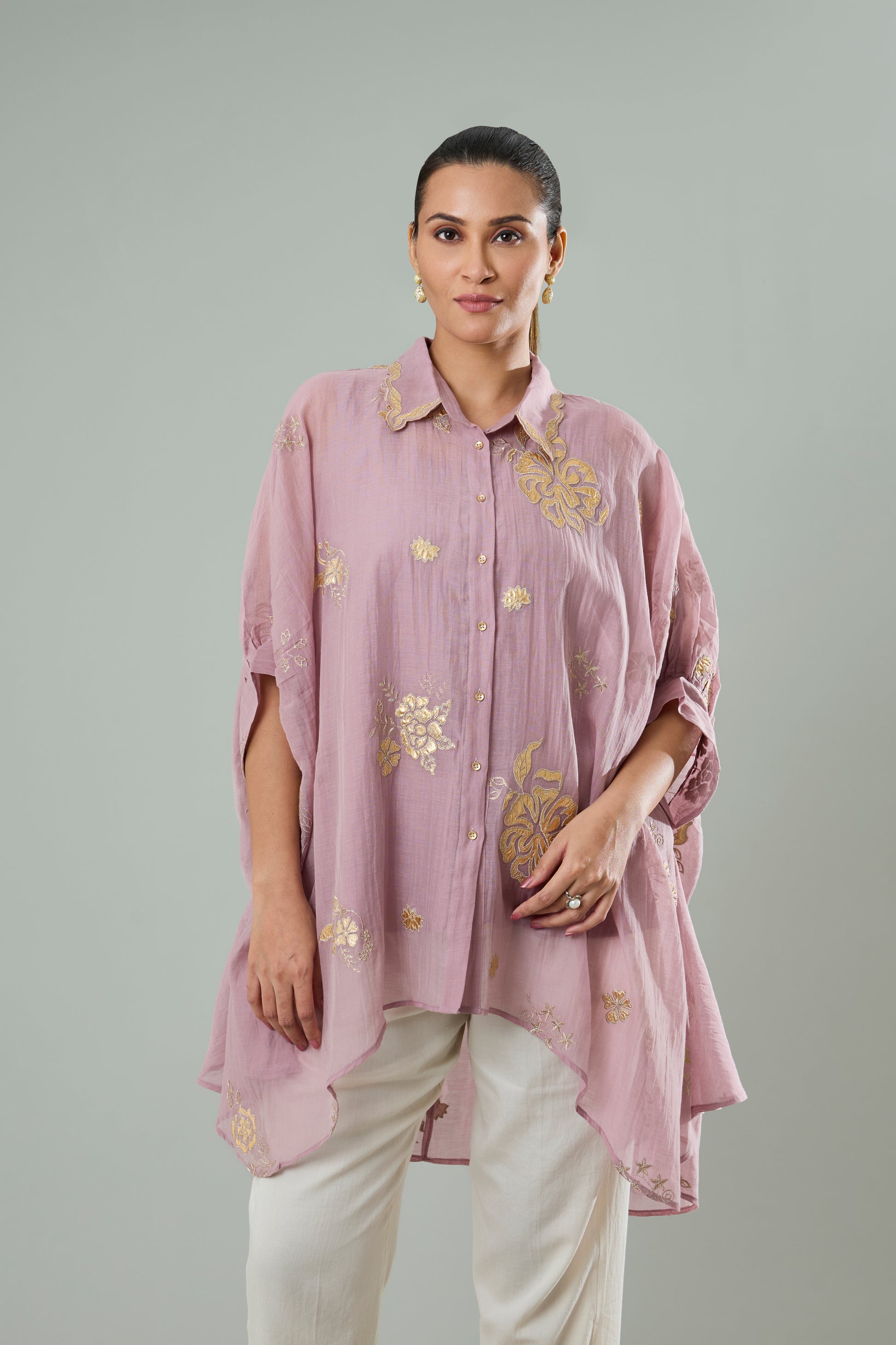 Mauve Mul Chanderi Floral Gold Appliqué Top