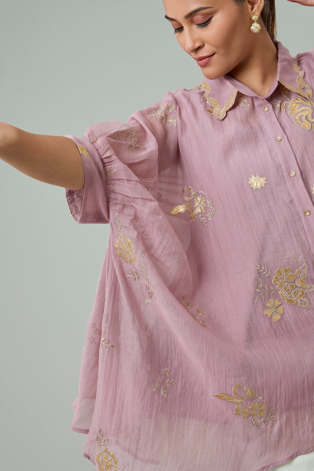 Mauve Mul Chanderi Floral Gold Appliqué Top