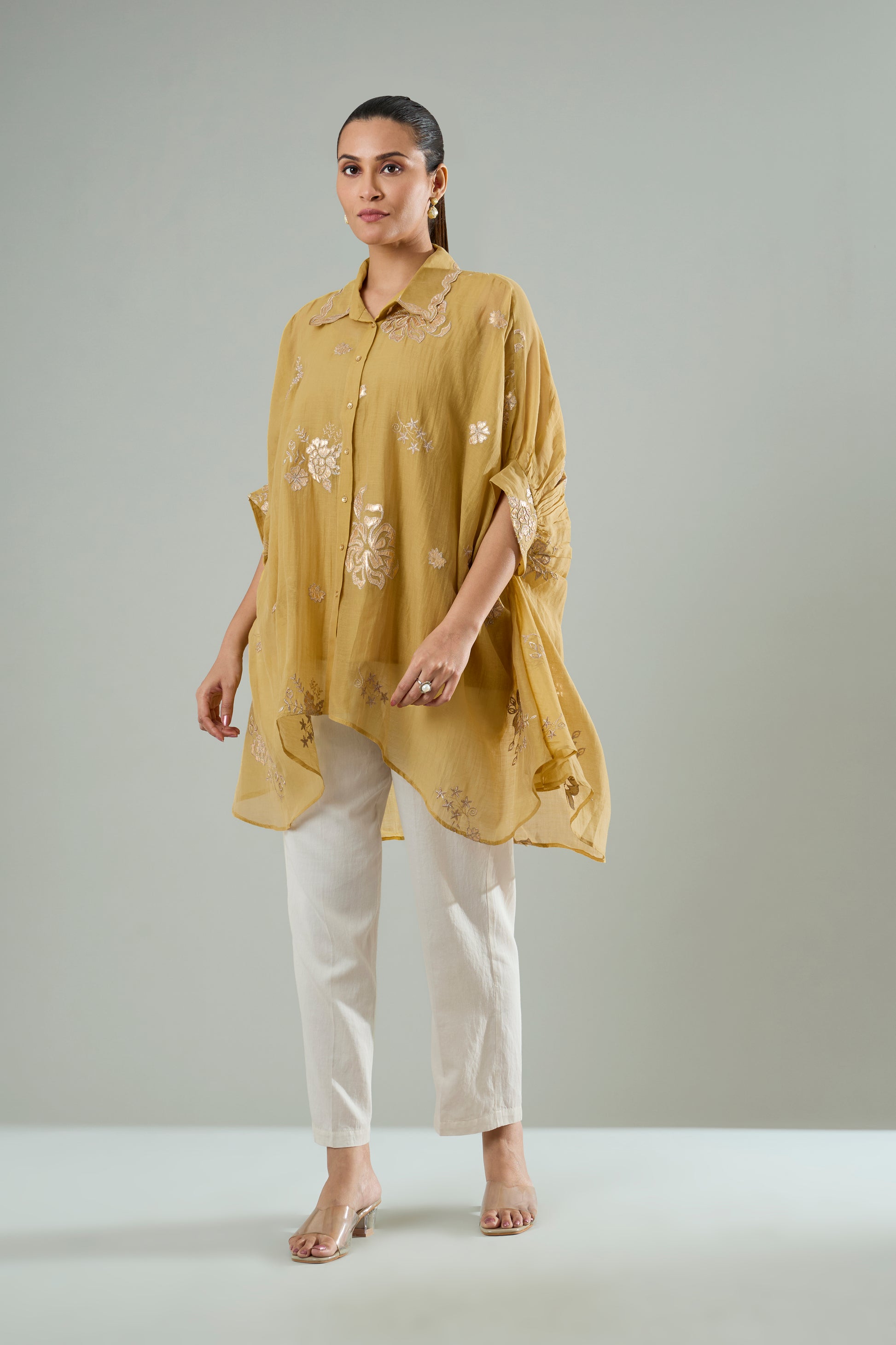 Marigold Mul Chanderi Floral Gold Appliqué Top