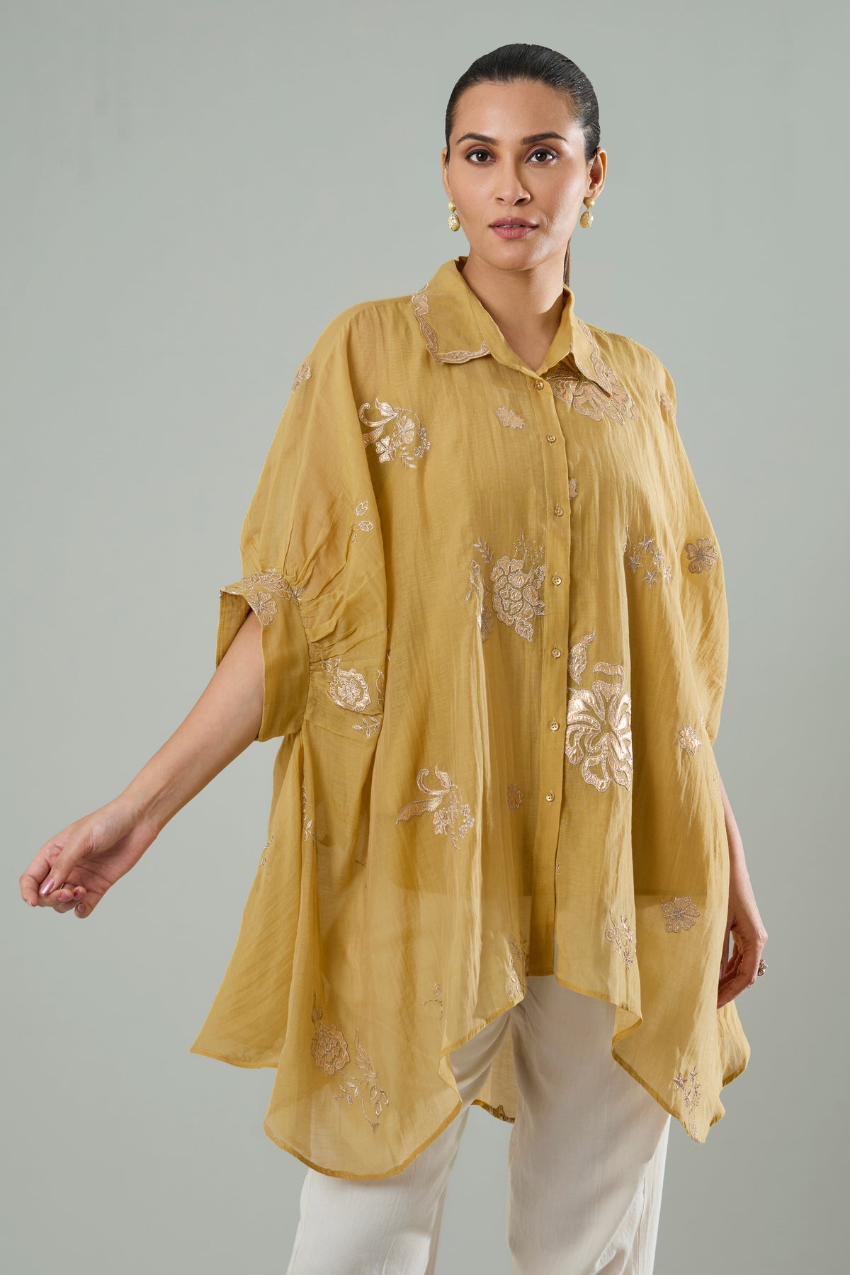Marigold Mul Chanderi Floral Gold Appliqué Top