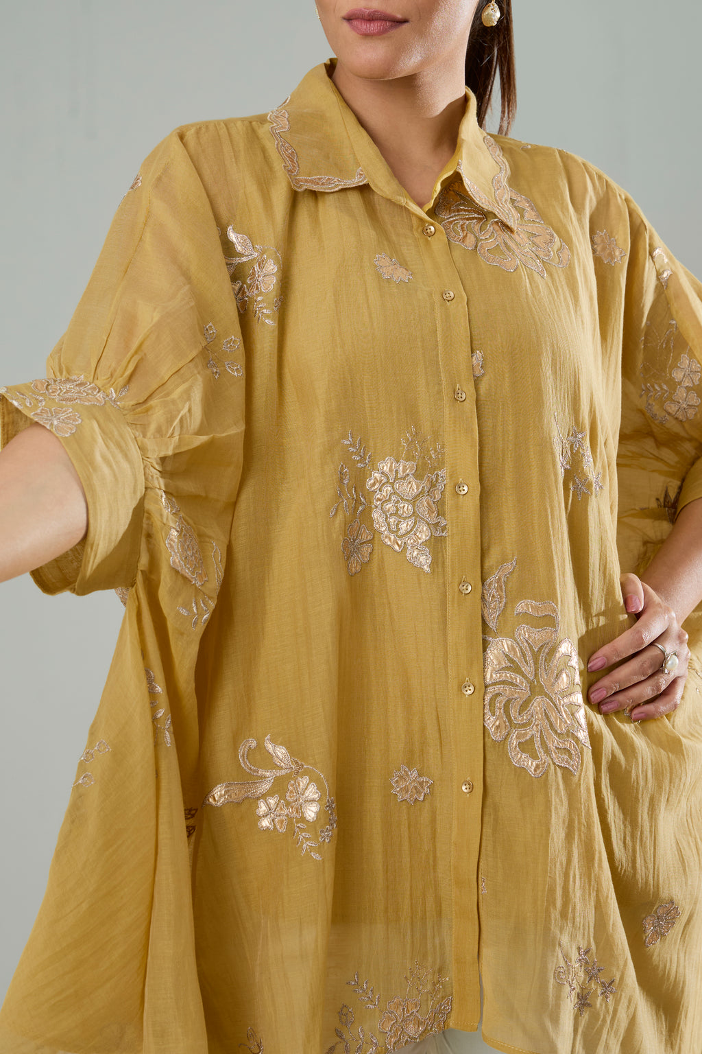 Marigold Mul Chanderi Floral Gold Appliqué Top