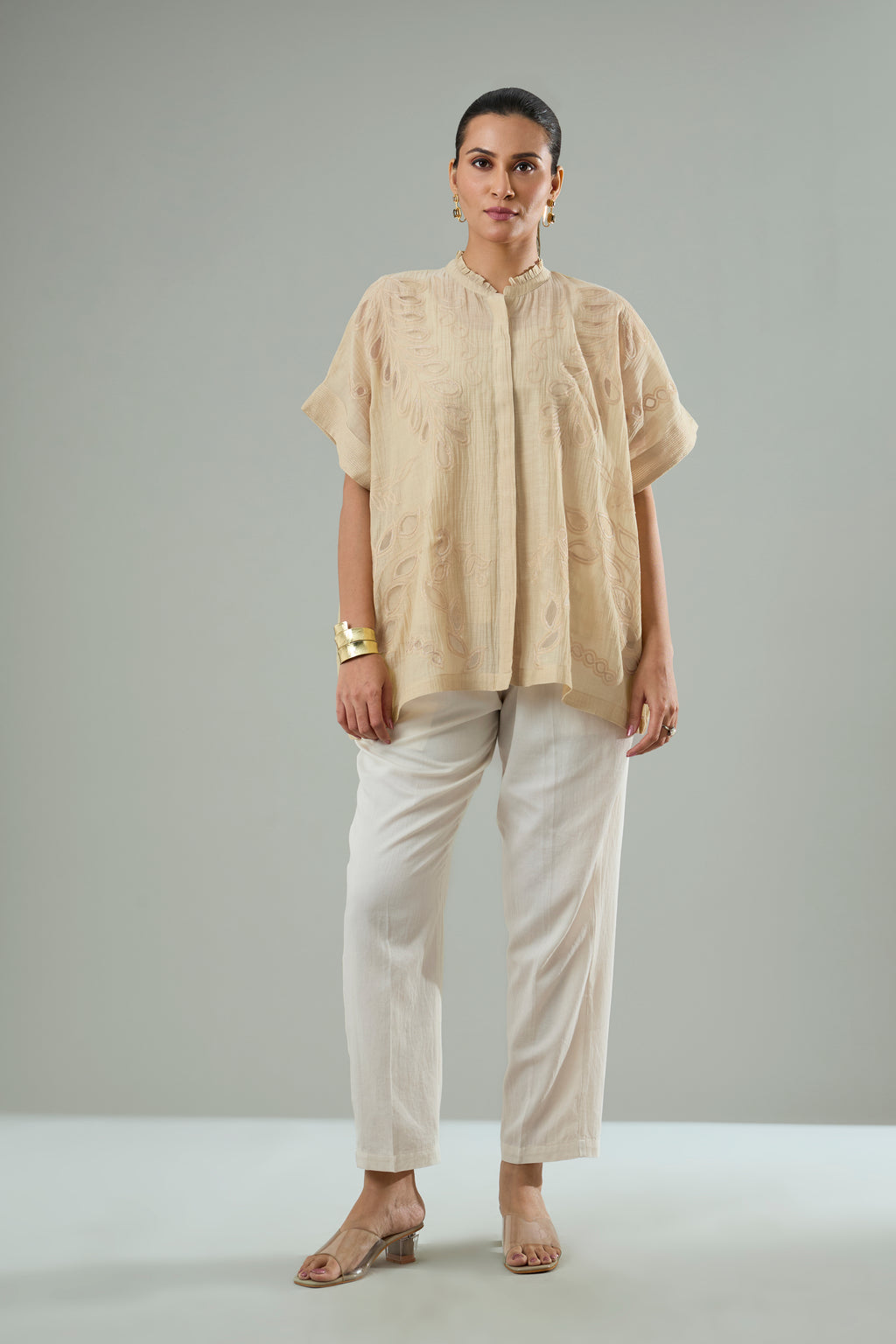 Beige Mul-Chanderi Tonal Appliqué Organza Patch Top