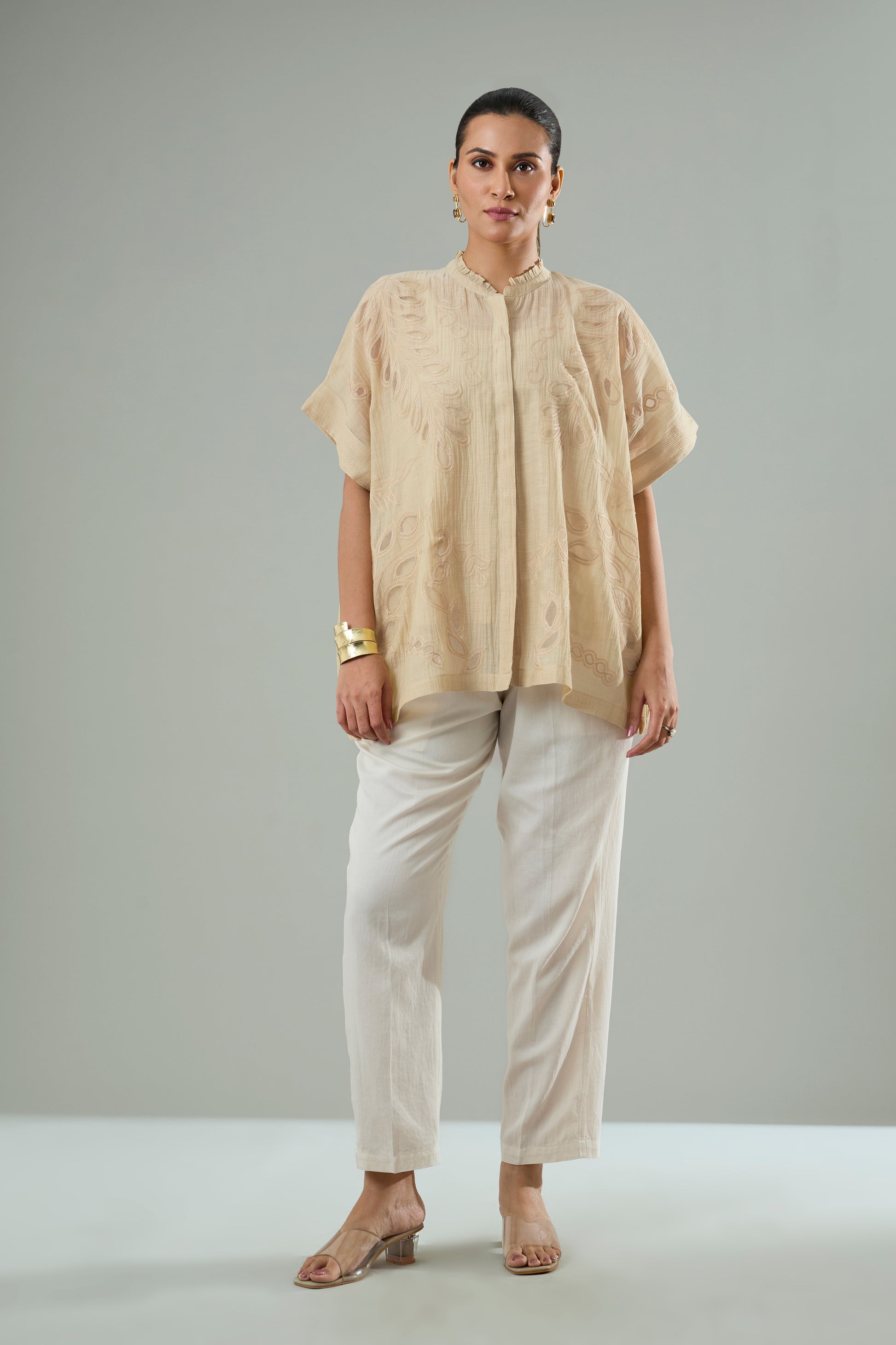 Beige Mul-Chanderi Tonal Appliqué Organza Patch Top