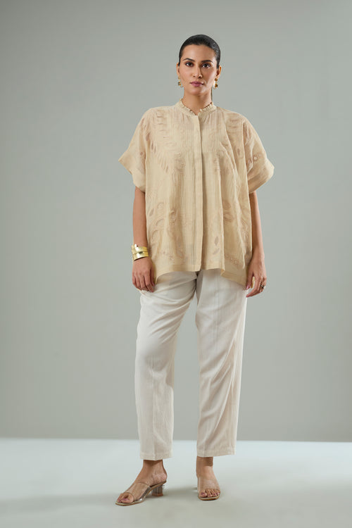 Beige Mul-Chanderi Tonal Appliqué Organza Patch Top