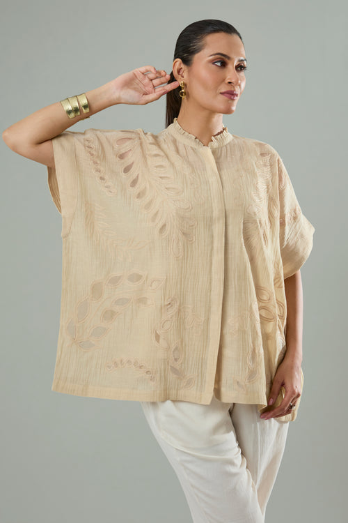 Beige Mul-Chanderi Tonal Appliqué Organza Patch Top
