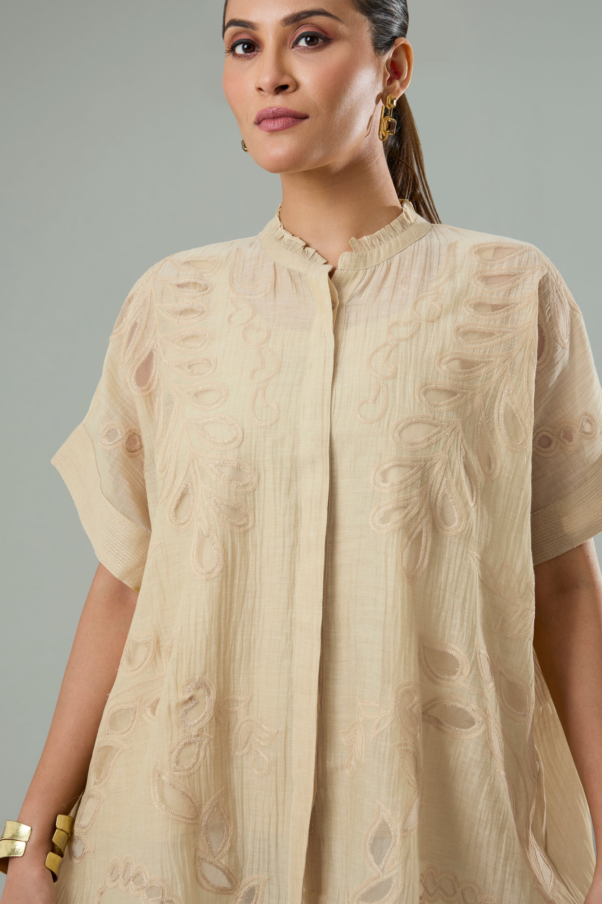 Beige Mul-Chanderi Tonal Appliqué Organza Patch Top