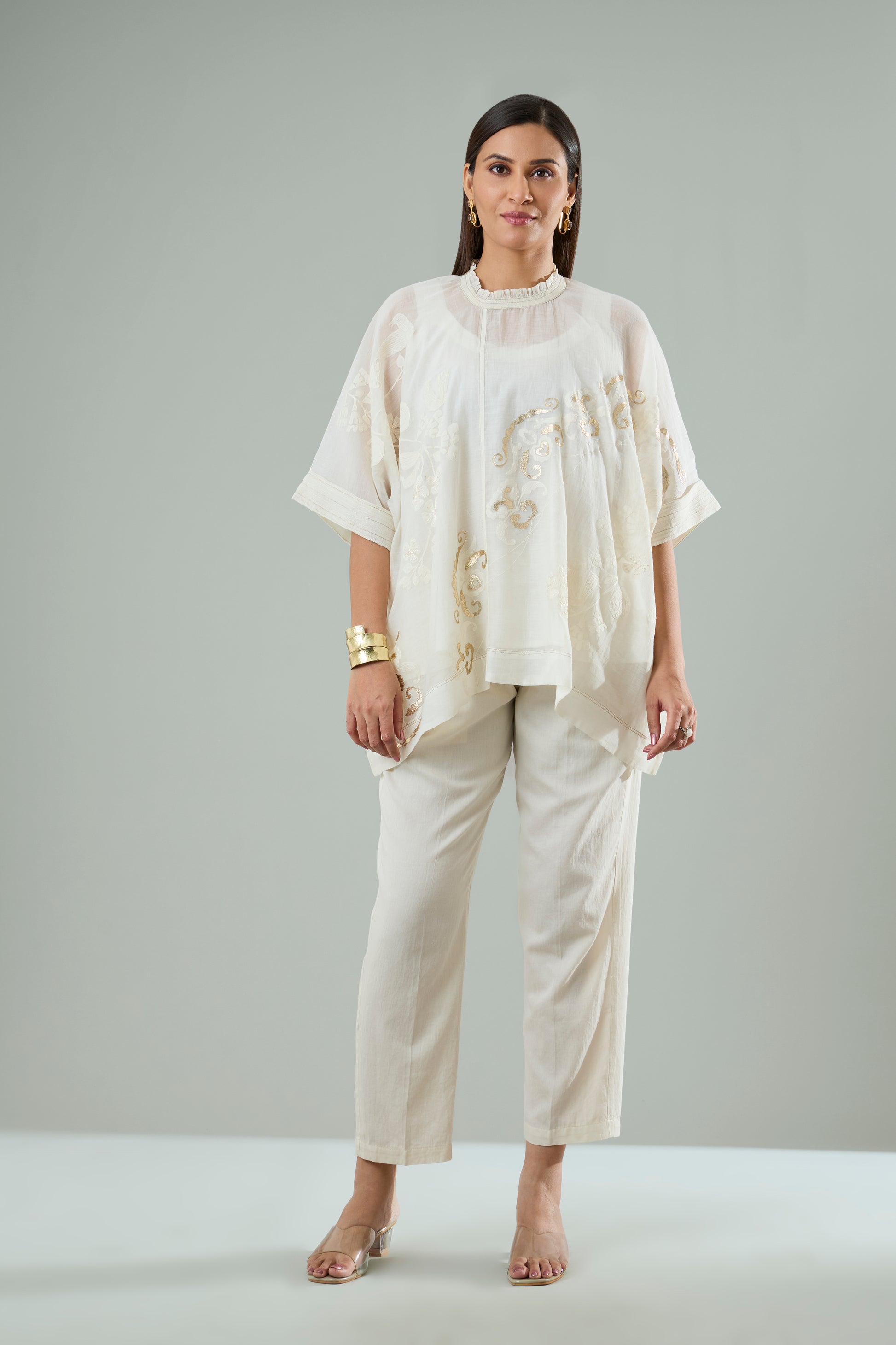 Cream Mul Chanderi Bird Appliqué Top