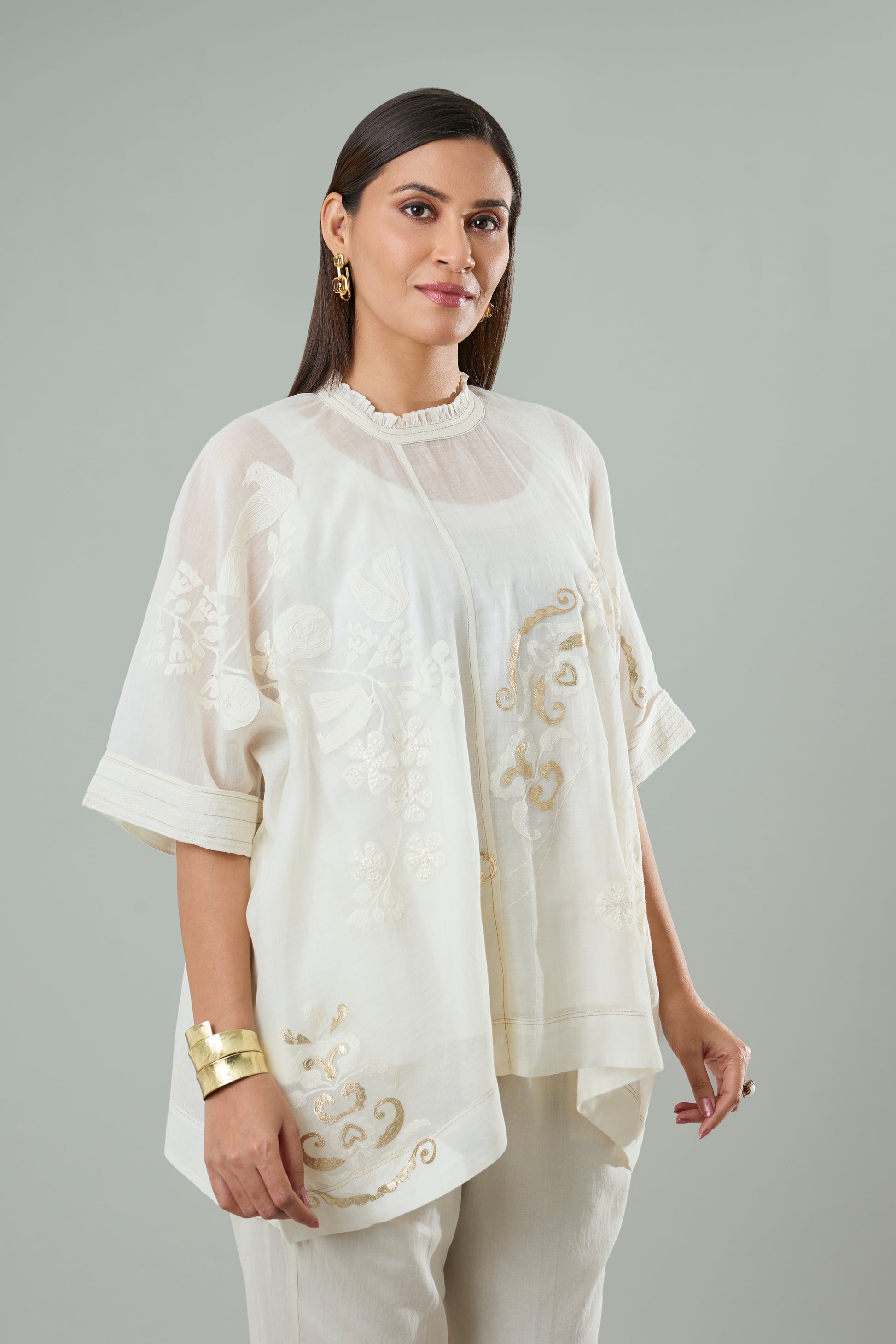 Cream Mul Chanderi Bird Appliqué Top