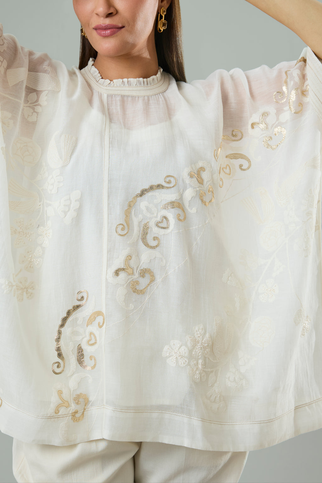 Cream Mul Chanderi Bird Appliqué Top