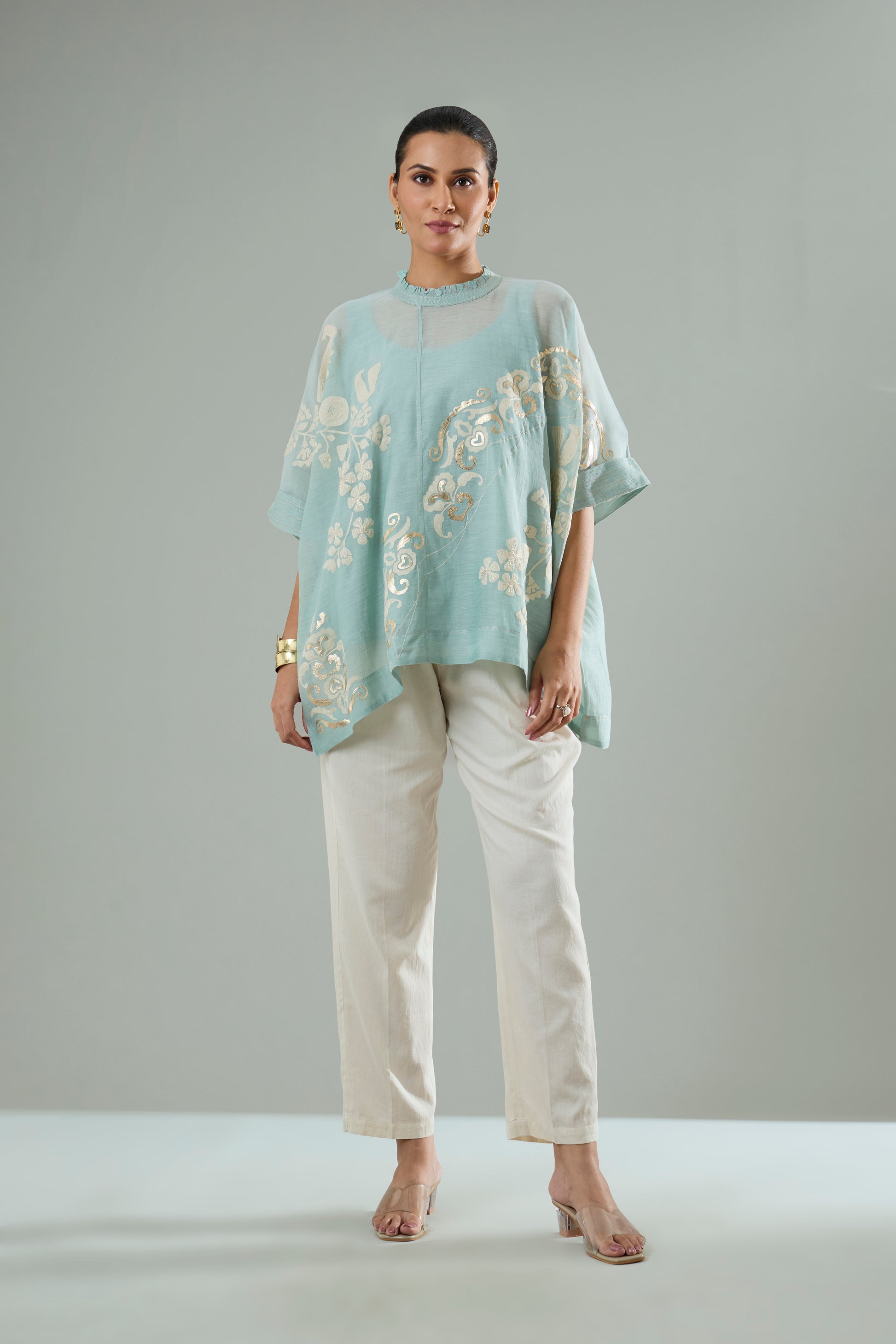 Ice Blue Mul Chanderi Bird Appliqué Top