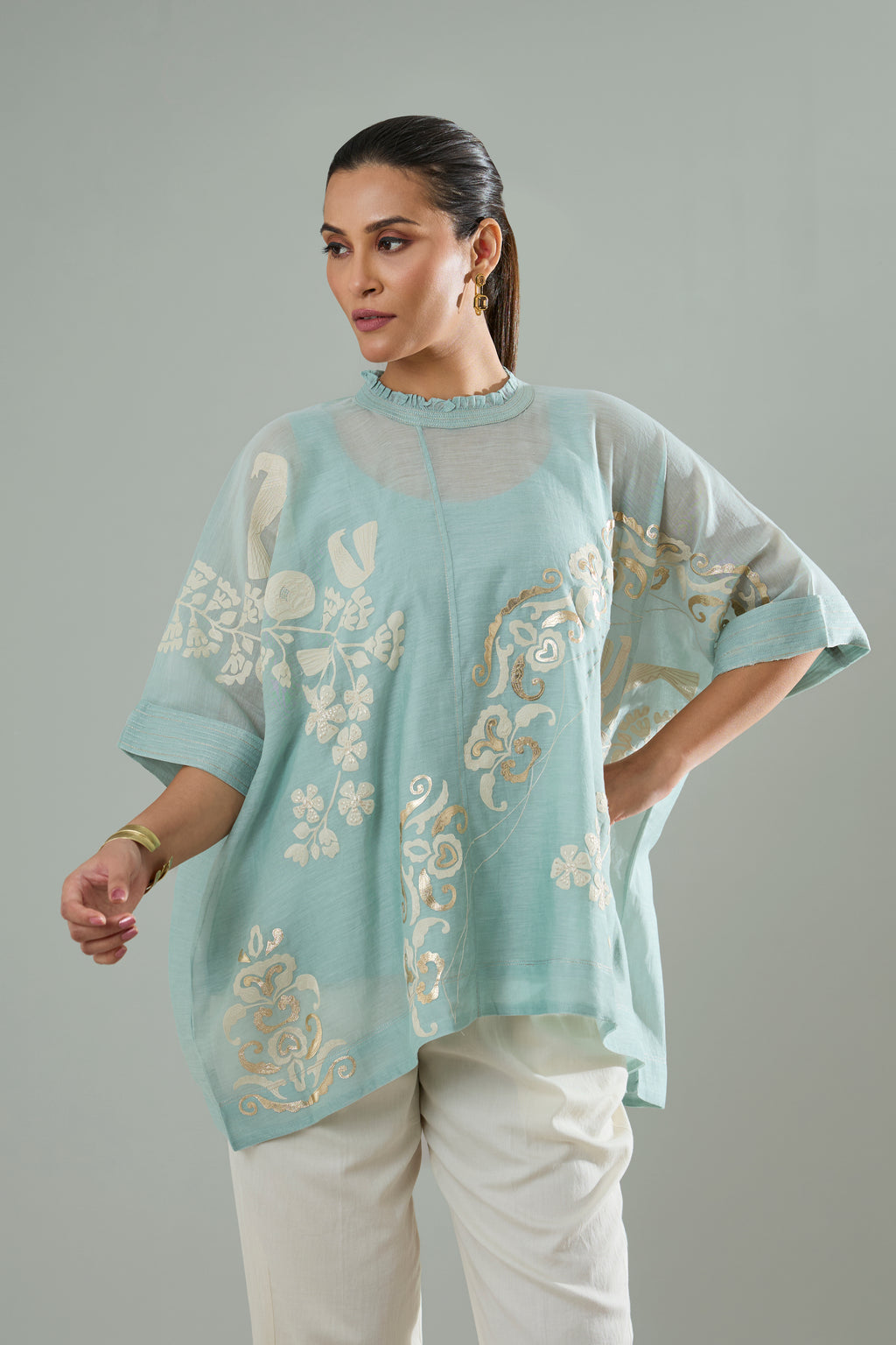 Ice Blue Mul Chanderi Bird Appliqué Top