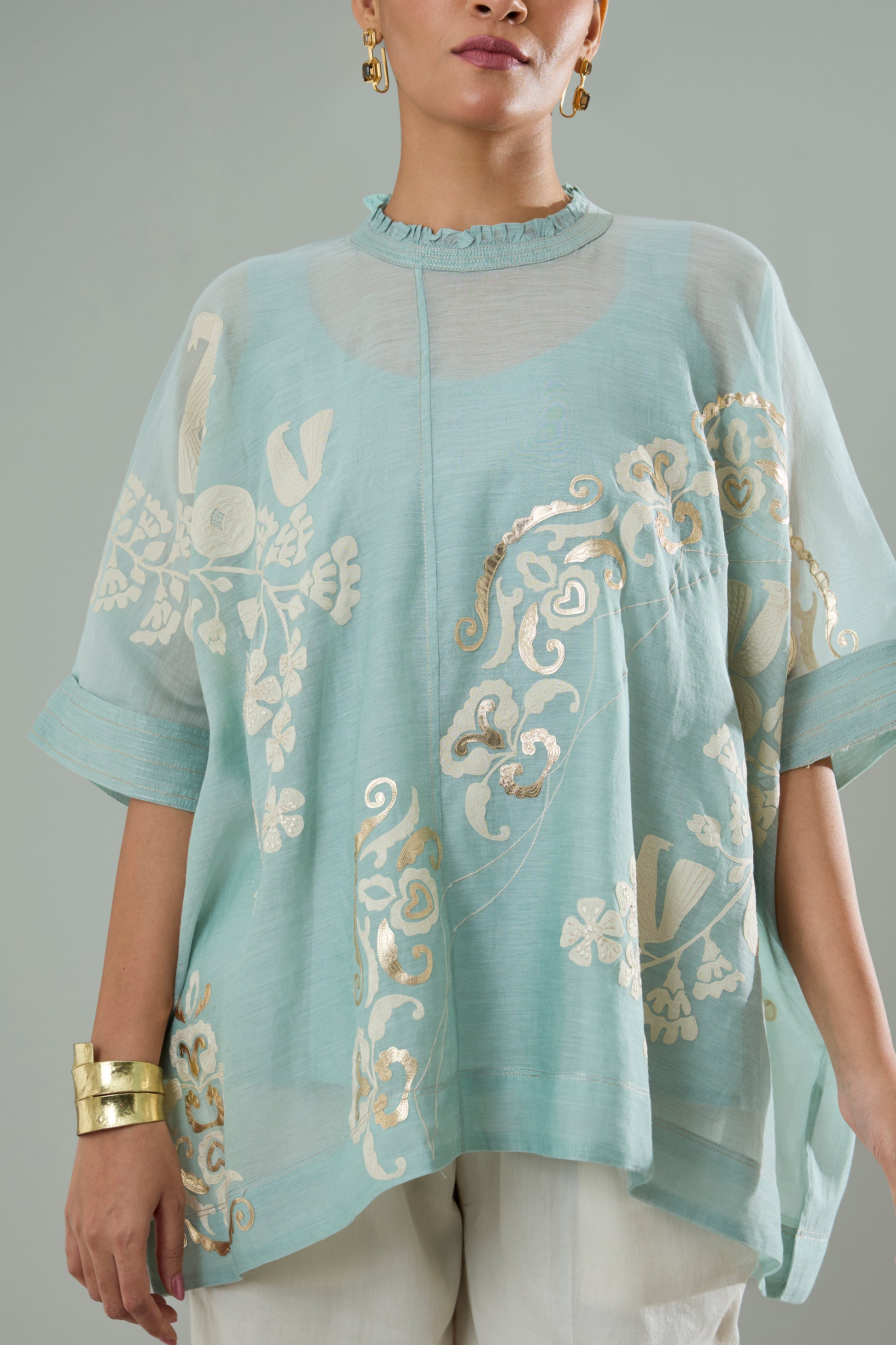 Ice Blue Mul Chanderi Bird Appliqué Top