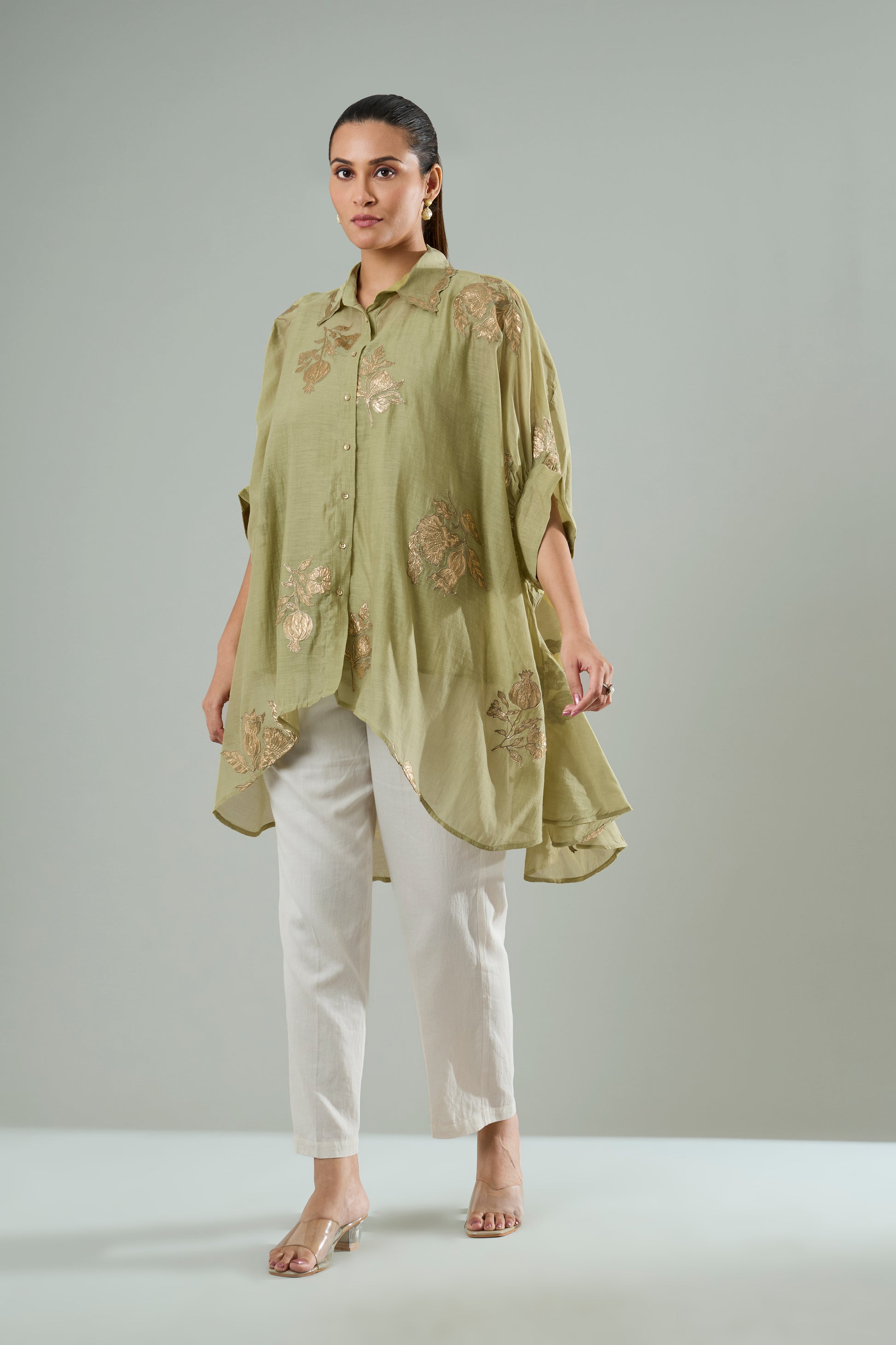 Mint Mul Chanderi Floral Gold Appliqué Top