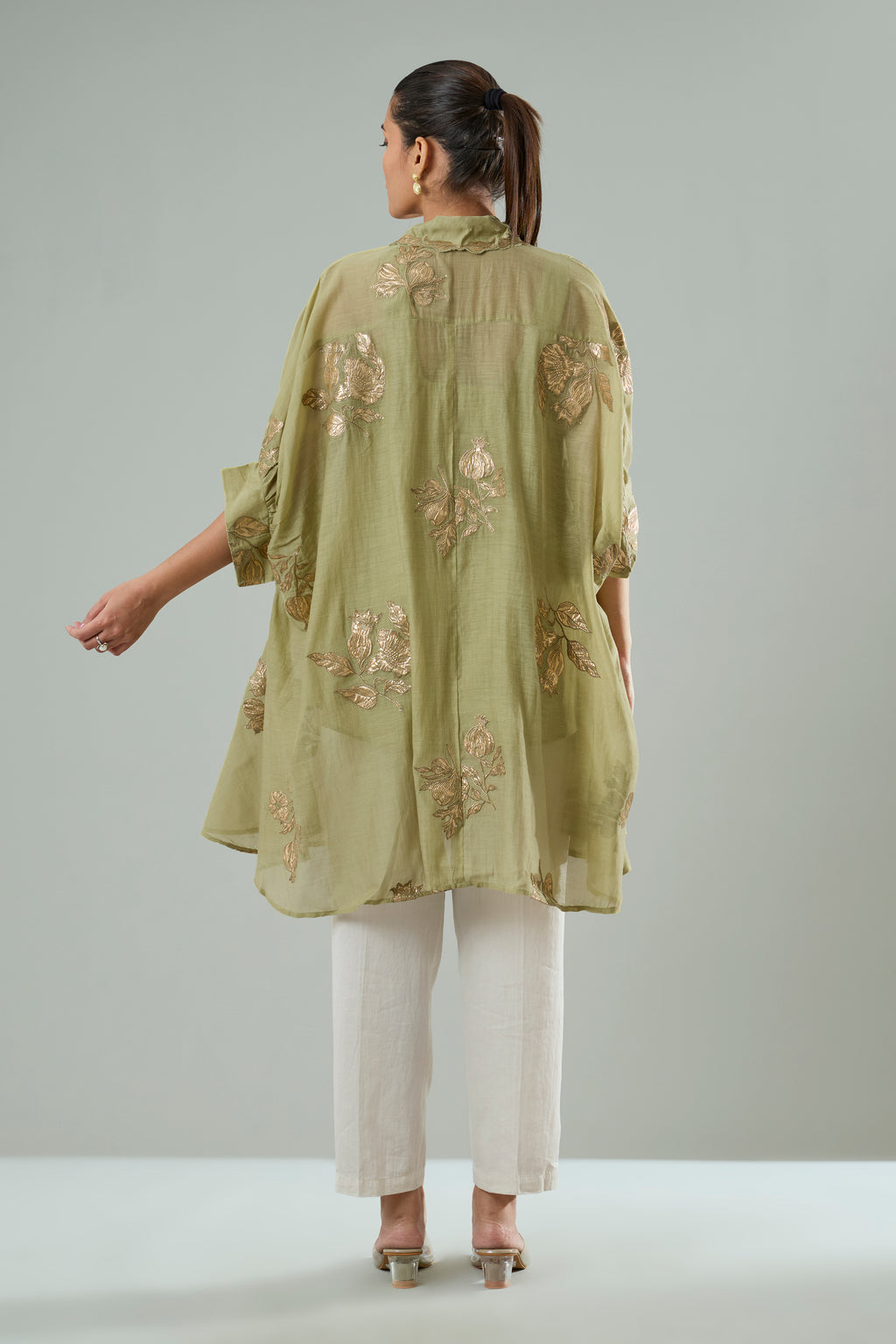 Mint Mul Chanderi Floral Gold Appliqué Top